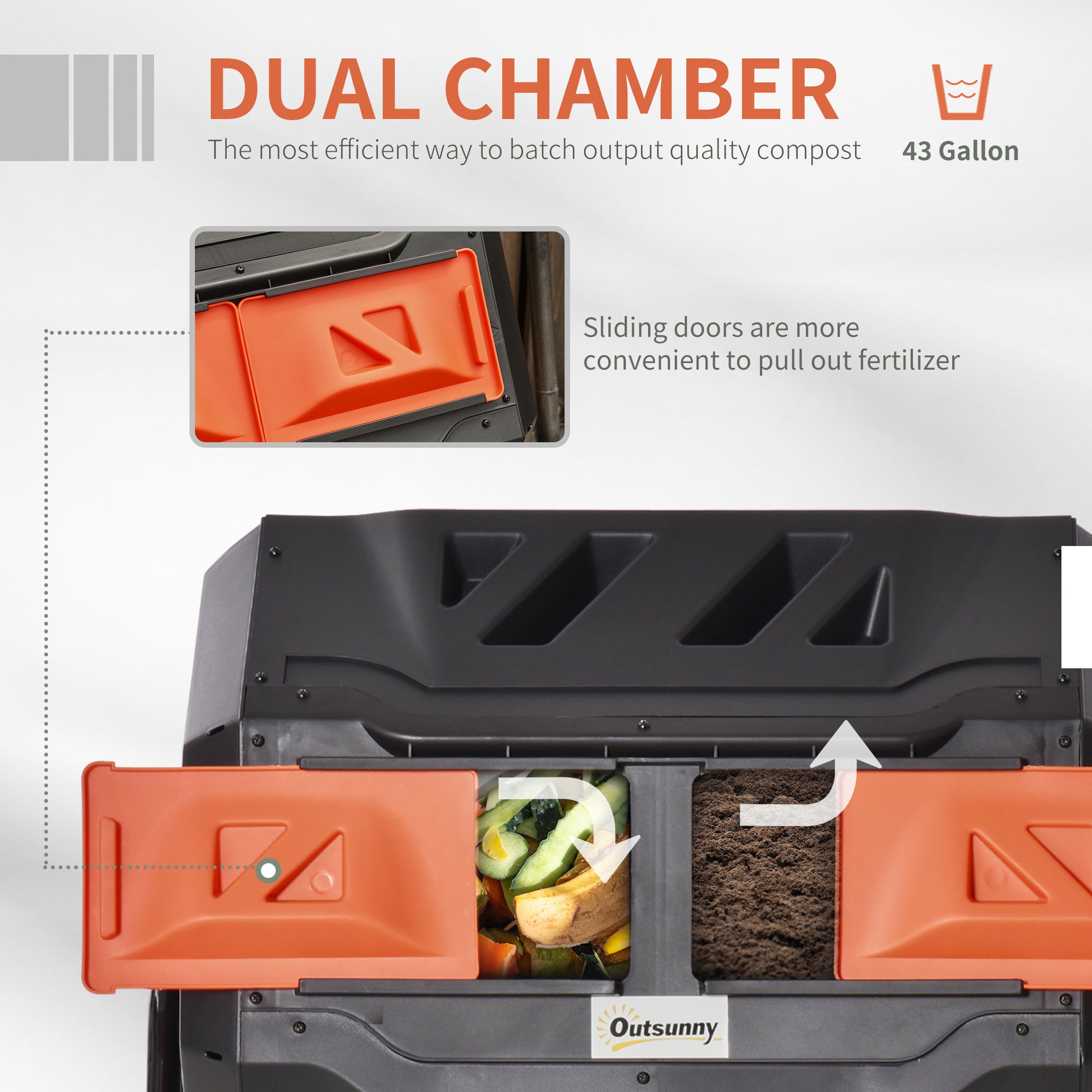 Tumbling Compost Bin Outdoor 360° Dual Chamber Rotating Composter 43 Gallon, Orange - Orange - Image 4