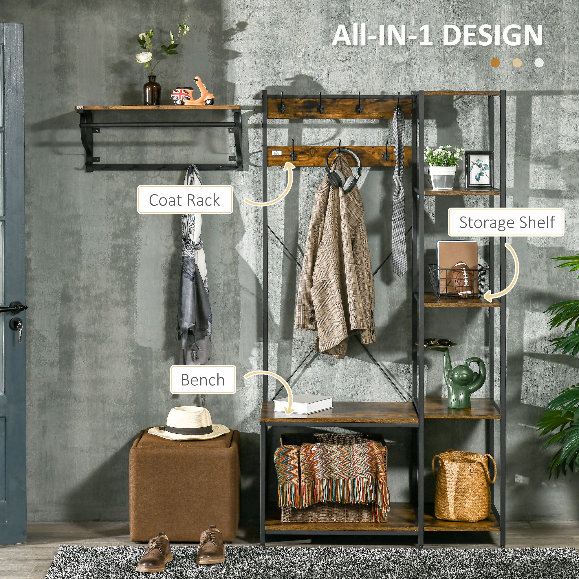 Industrial Hall Tree with Side Storage Shelves, Entryway Bench with Coat Rack, Freestanding Coat Tree with Shoe Storage and Hooks, Rustic Brown