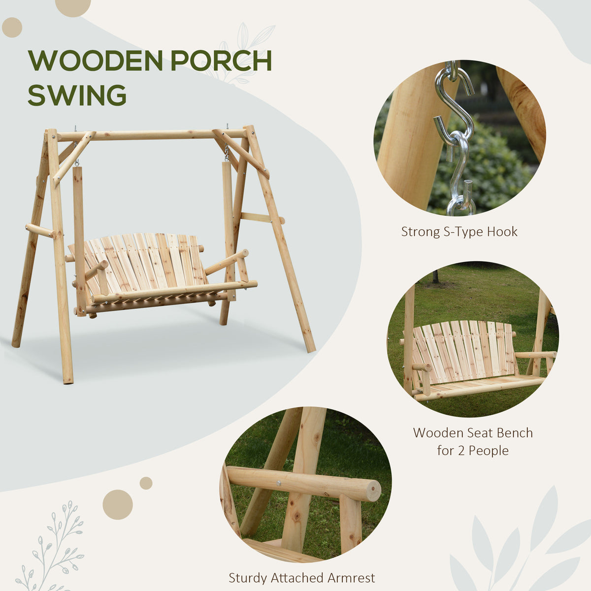 2-Seat Wooden Swing Bench, Ergonomic Design, 'A' Frame Construction, Stable and Non-Slip, Solid Wood Frame Log Garden Swing, for Outdoor and Indoor, Natural Wood