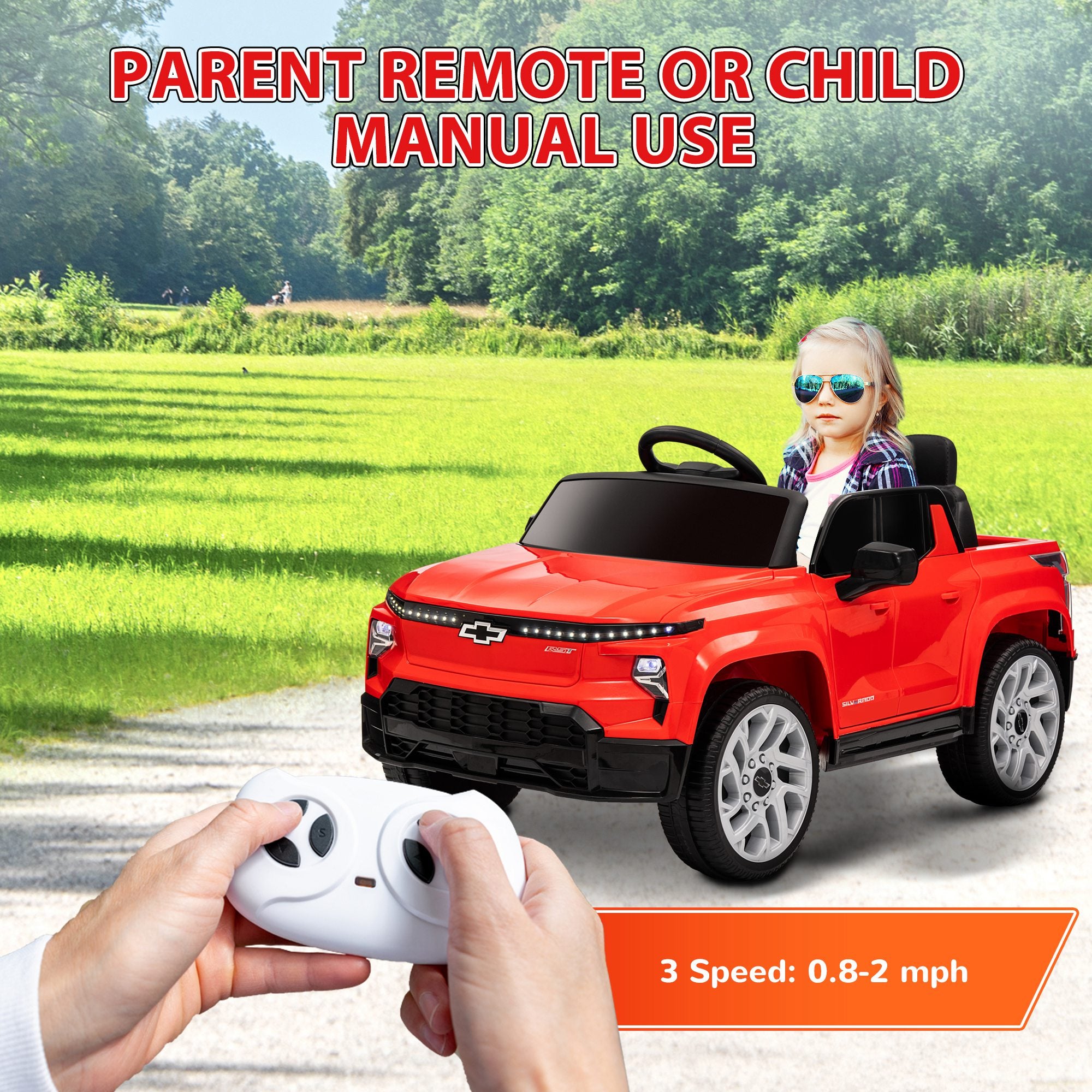 12V Chevrolet Silverado EV RST Licensed Kids Electric Car with Parent Remote Control, Spring Suspension, Red