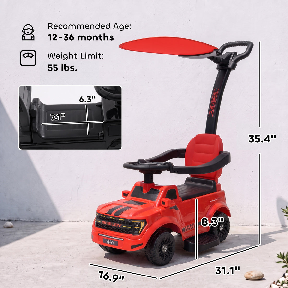 3-in-1 Push Car for 1-3, Licensed Ford Shelby Sliding Walking Car with Parent Handle, Canopy, Guardrail, Storage, Red