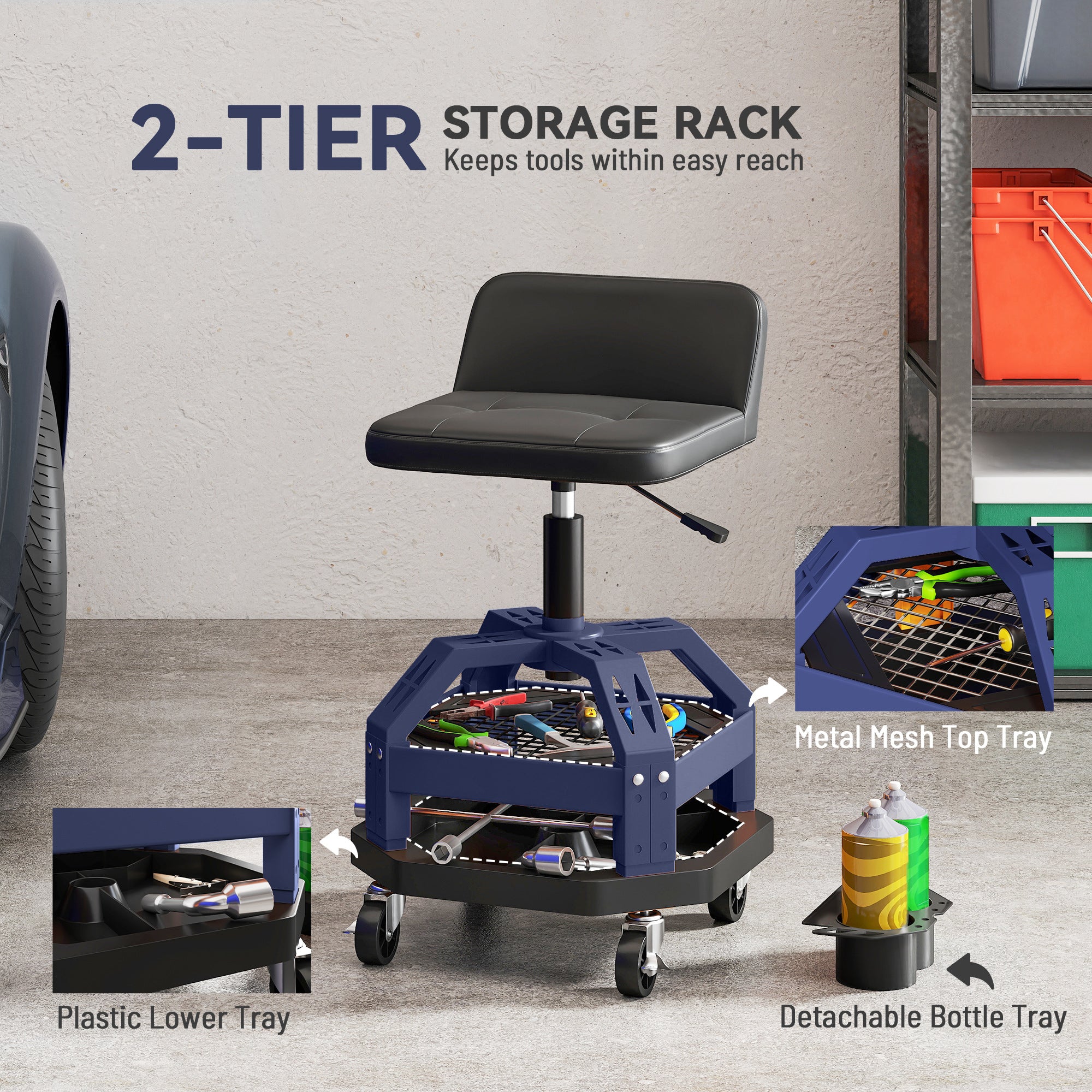 Rolling Creeper Garage Stool, 300 LBS Capacity Mechanic Stool with 360° Wheels, Tool Tray, Adjustable Height, Blue