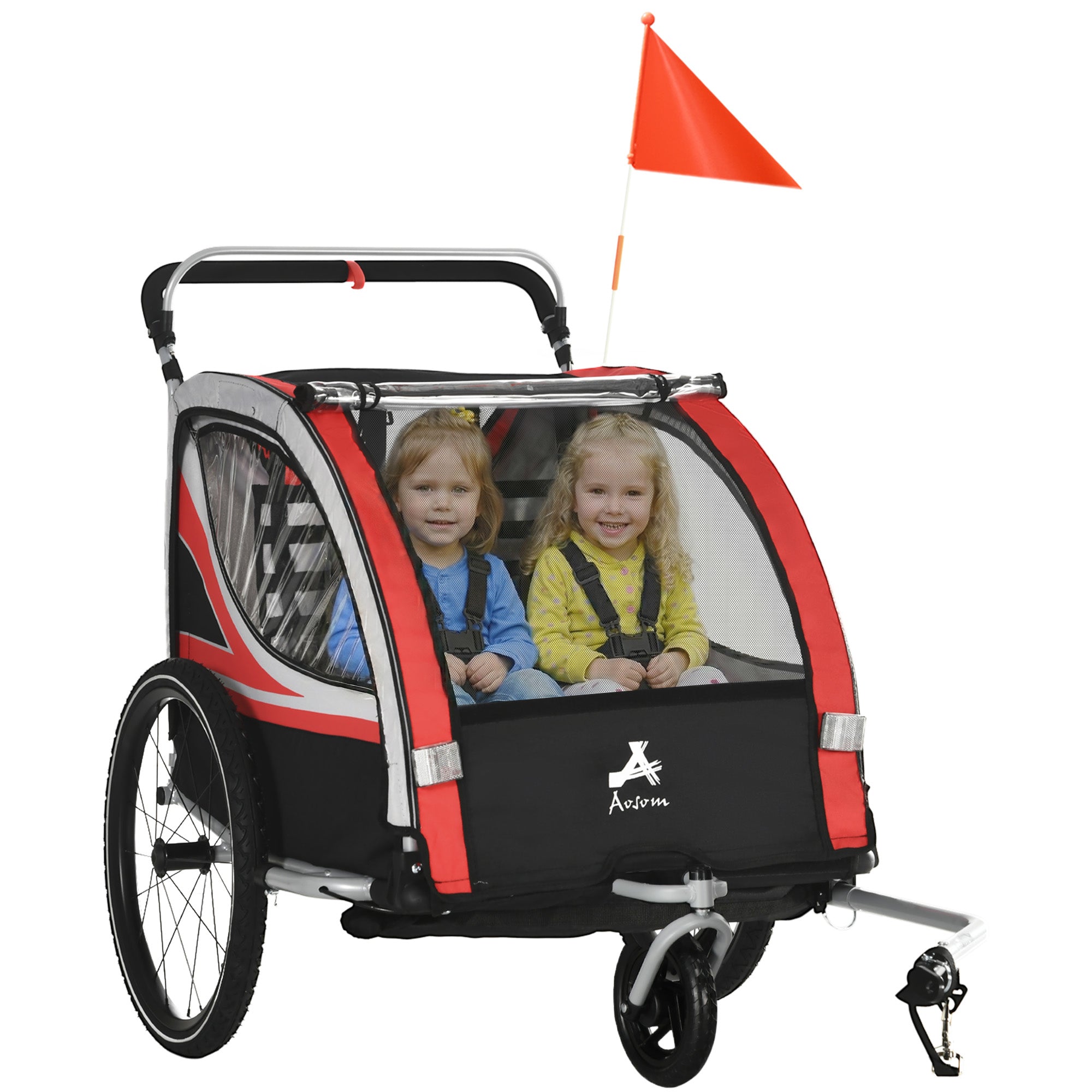 3-in-1 Bike Trailer for Kids, Running Stroller with 2 Seats, Jogging Cart with 5-Point Harness, Storage Units, Red