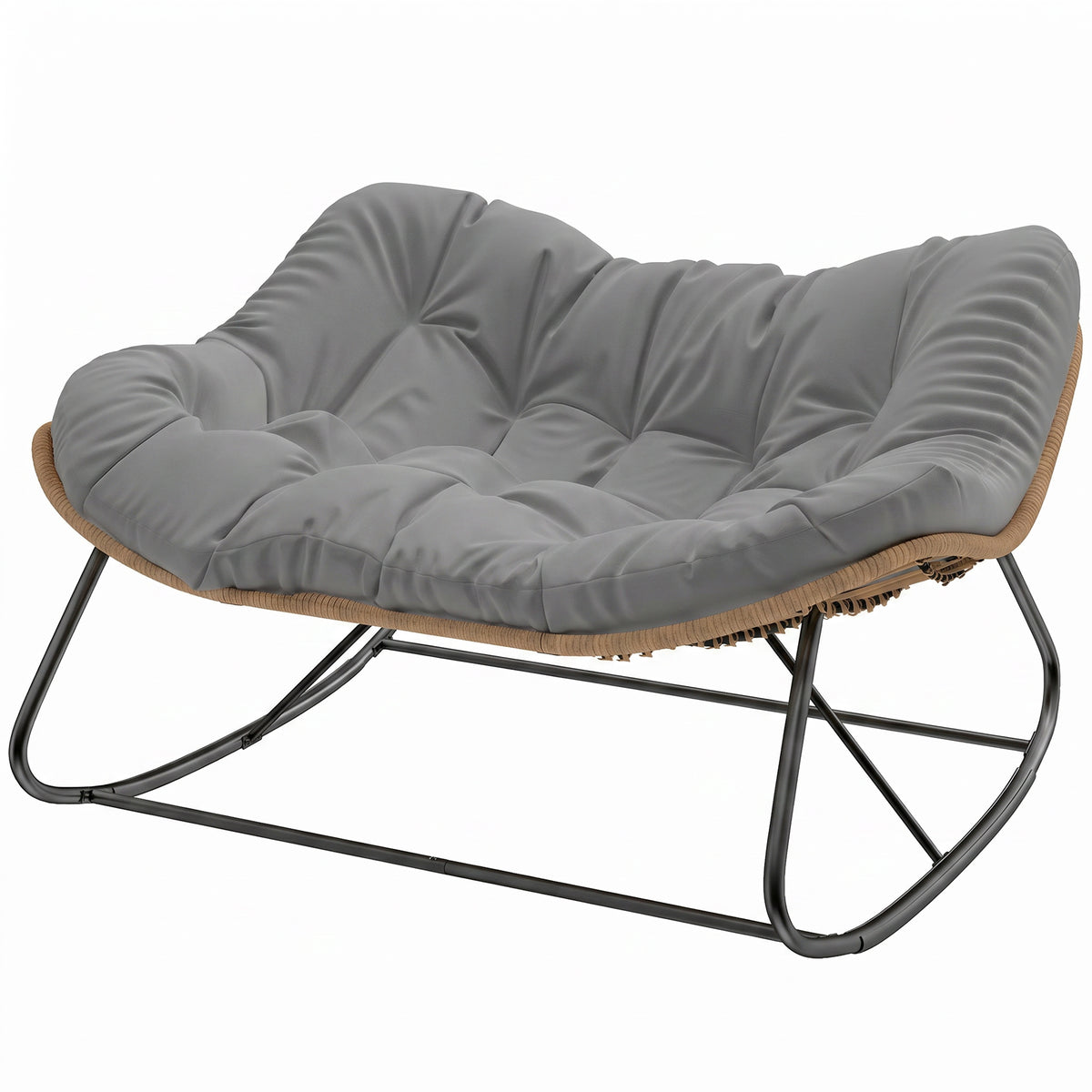 Indoor Outdoor Double Papasan Rocking Chair, Oversized Rocking Egg Chair with Cushion for Garden, Patio, Gray