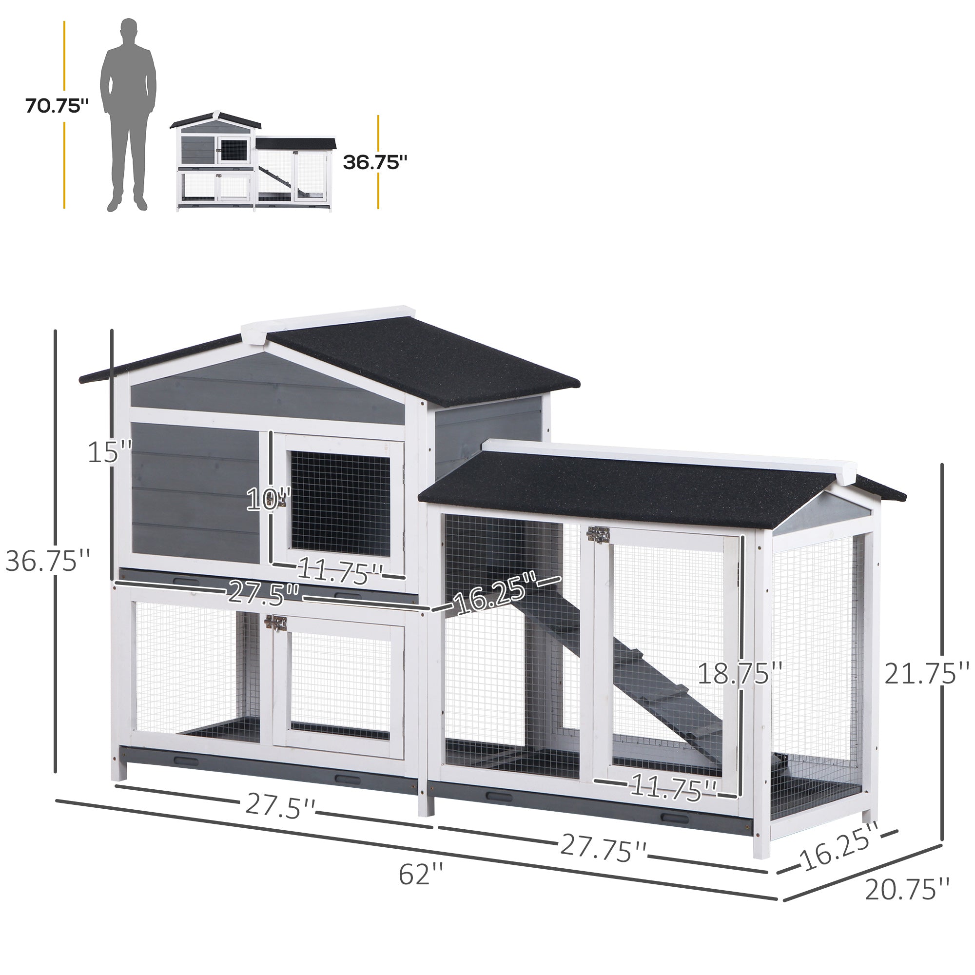 2-tier Indoor Rabbit Enclosure, Wood Hutch Backyard Small Animal House Ramp Outdoor Run Enclosed - Grey - Image 3