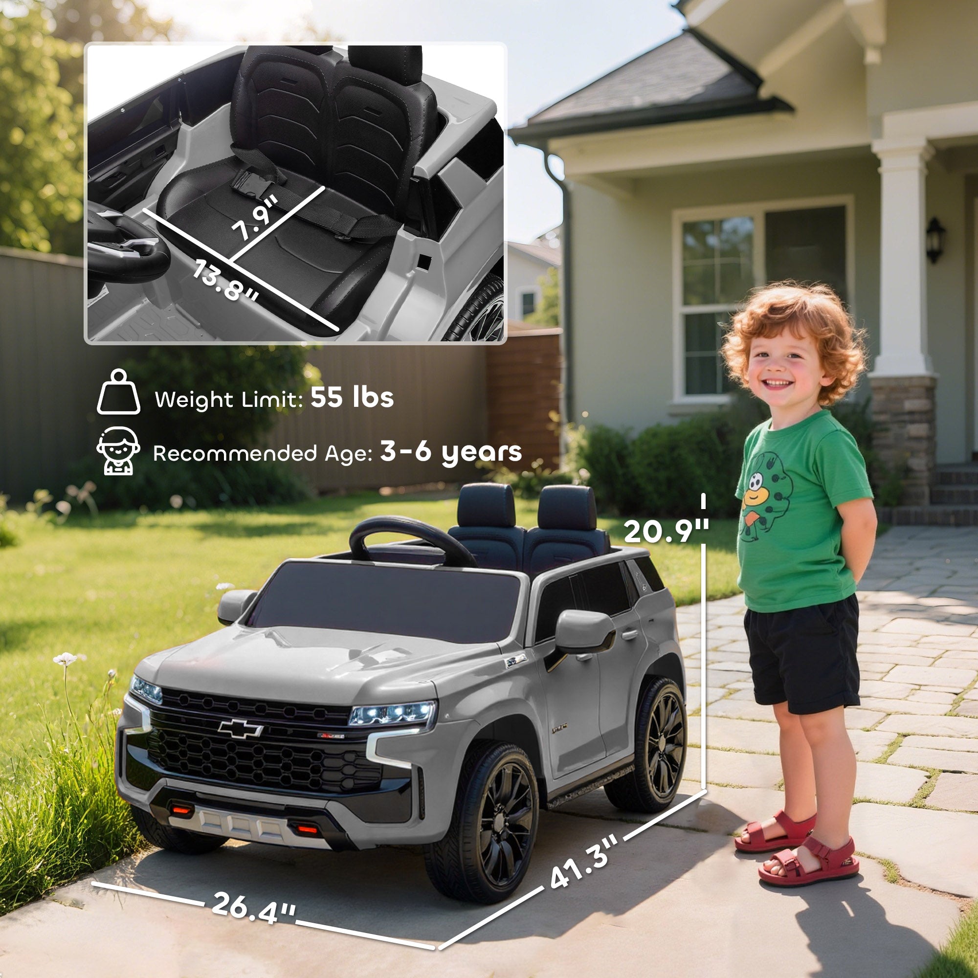 Licensed Chevrolet Tahoe Ride On Car, 12V 7AH Battery Power Ride On Toy with Parent Remote Control, LED Lights, Music, 4 Wheeler Suspension, 3 Speeds, Kids Electric Vehicle for Aged 3+, Gray