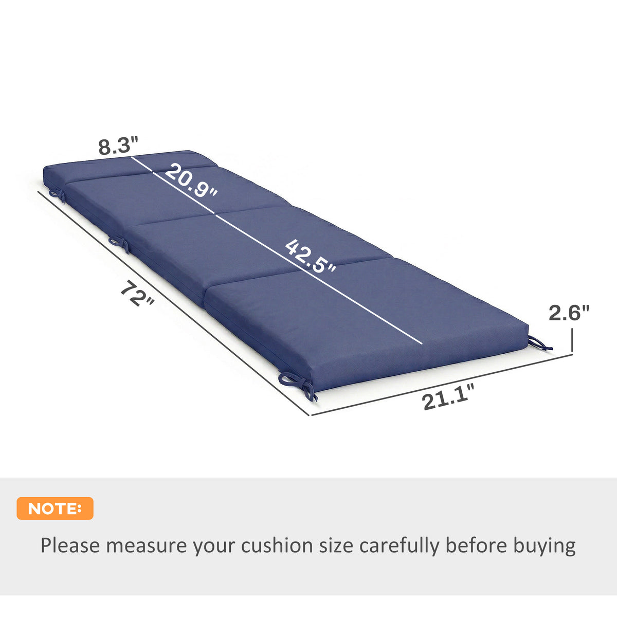 Outdoor Chaise Lounge Cushions Set of 2 with 6 Ties, High-Density Foam, for Patio and Poolside, Navy Blue