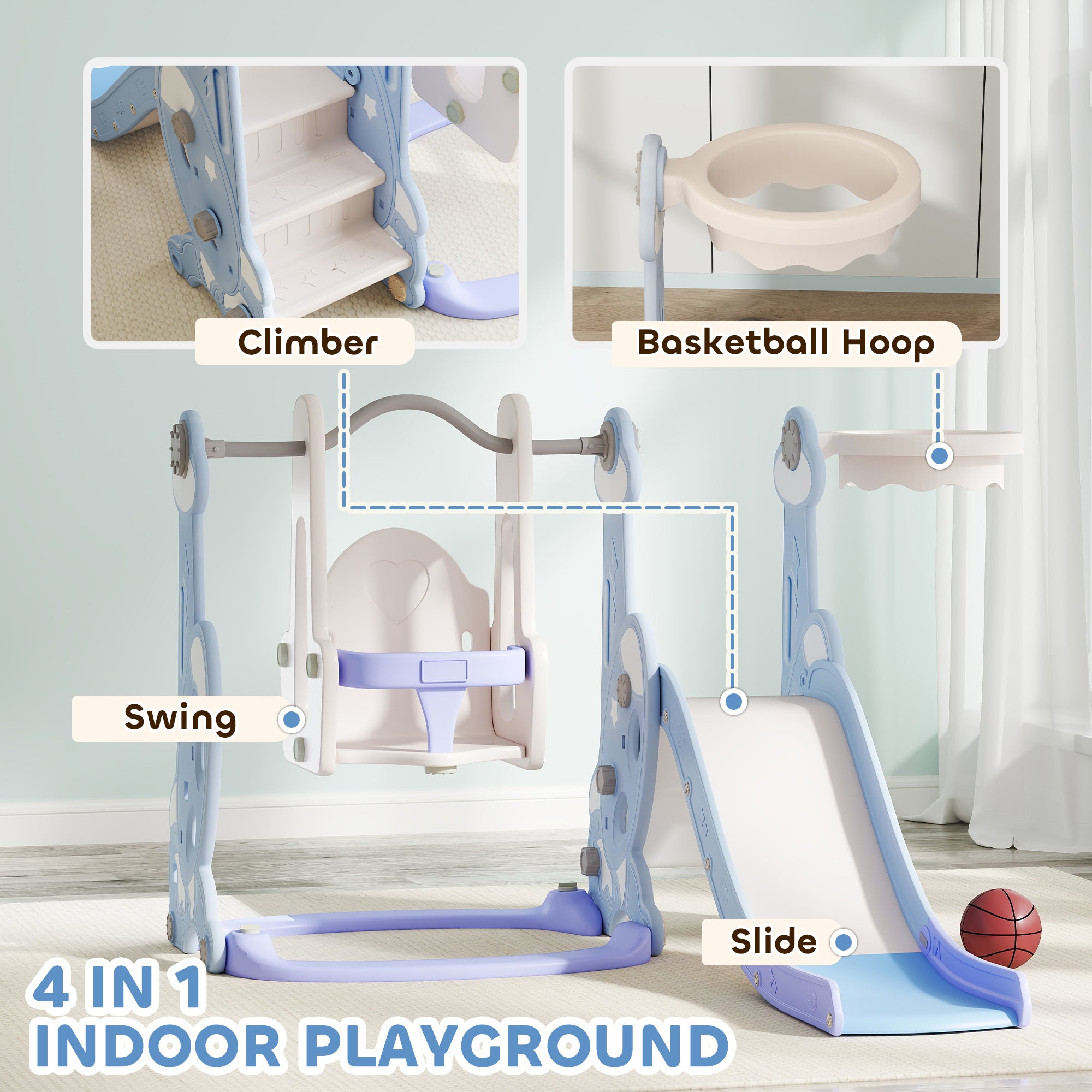 4 in 1 Toddler Slide and Swing Set for Ages 1.5-4, Toddler Playset Playground with Climber, Basketball Hoop, Light Blue