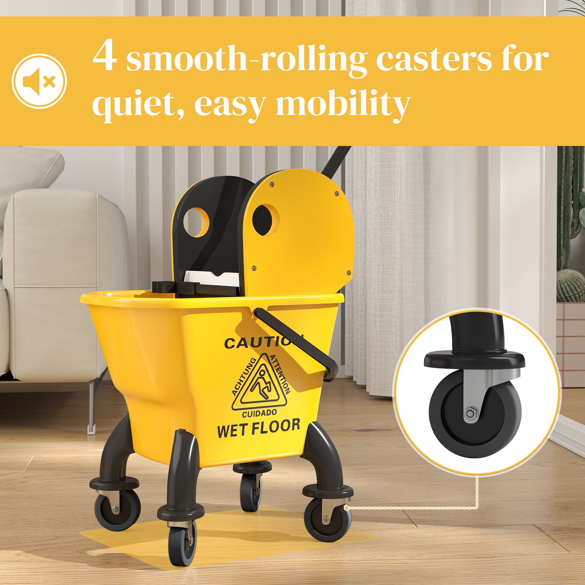 Mop Bucket with Wringer on Wheels for Floor Cleaning, 27.5 Quart Down Press Wringer with Handle and Mop, Yellow
