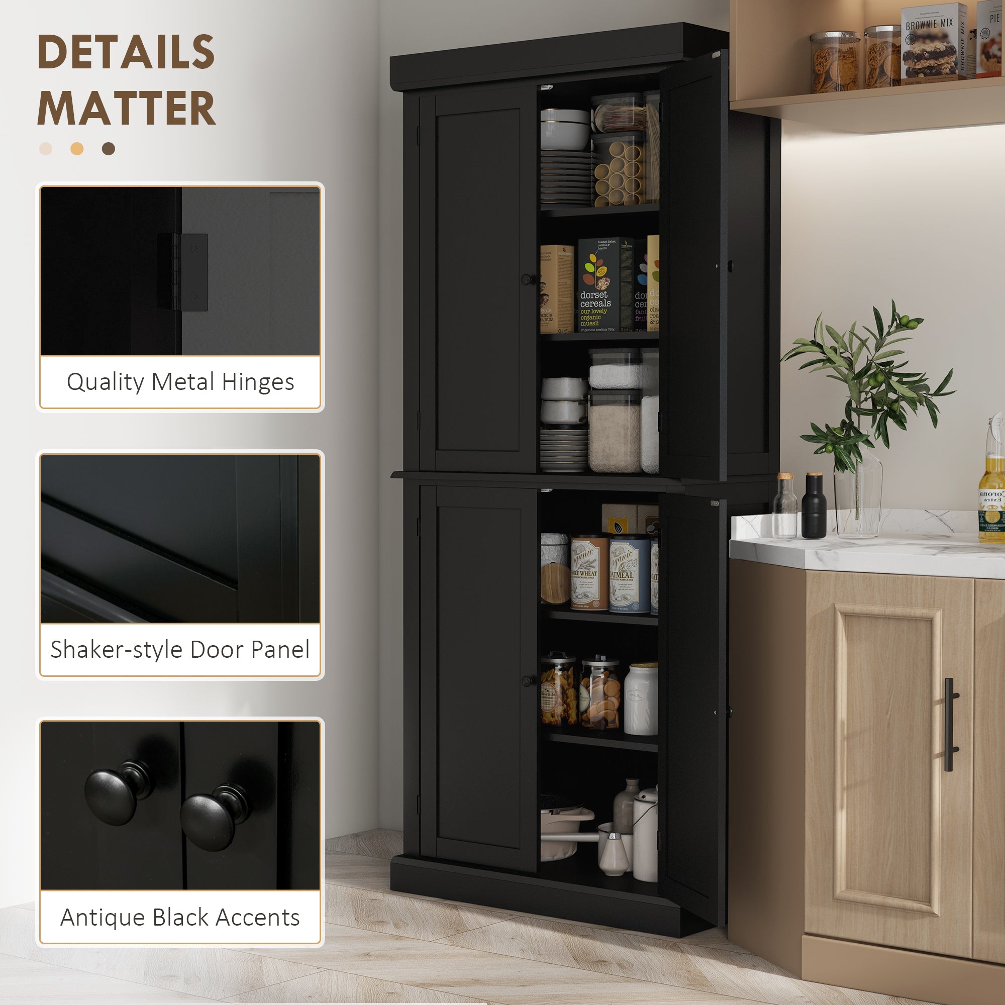 72" Kitchen Cabinet, Pantry Storage Cabinet with Doors and Shelves, Freestanding Food Pantry Cabinet, Black