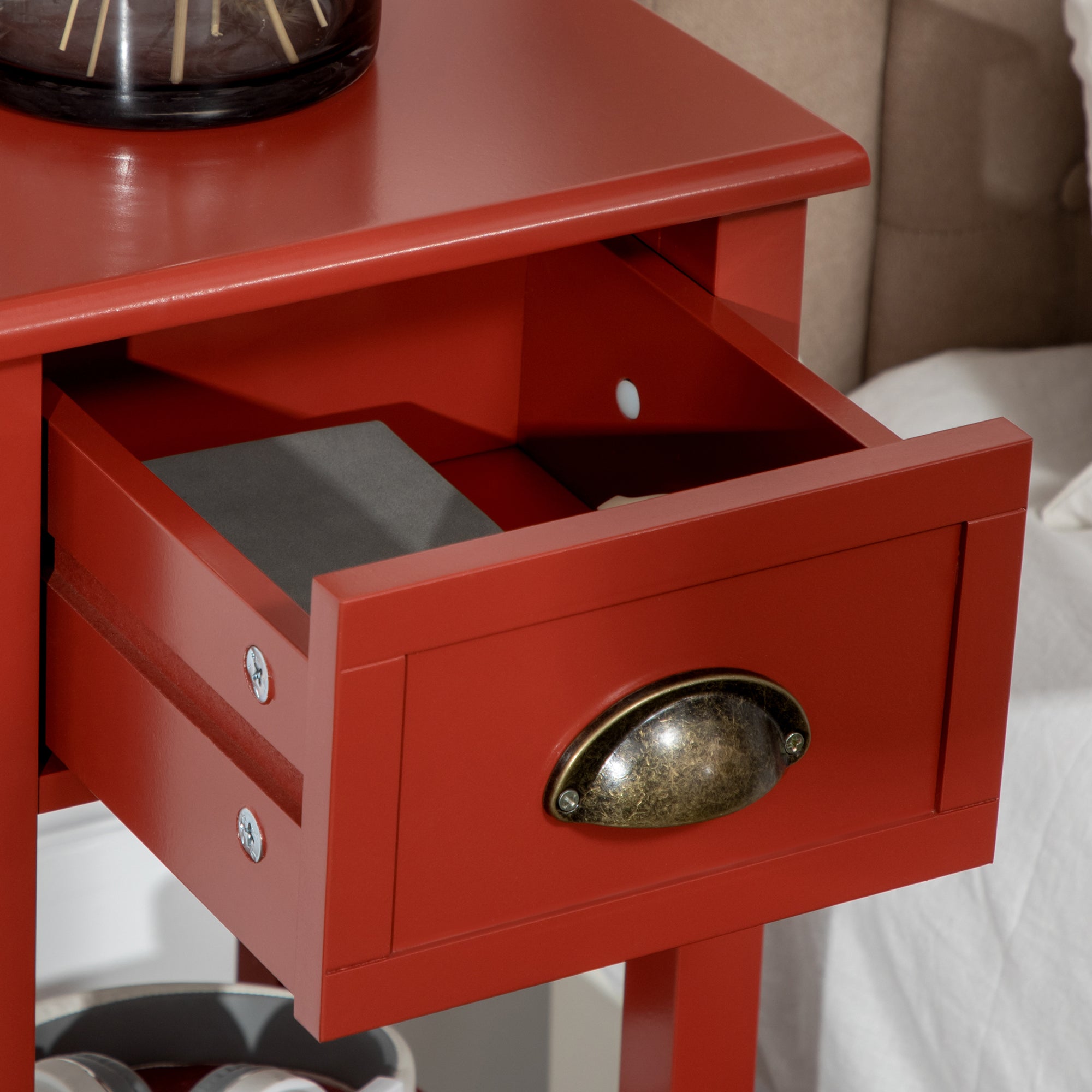 2-Tier Side Table with Drawer and Shelf, End Table for Living Room and Hallway, Red