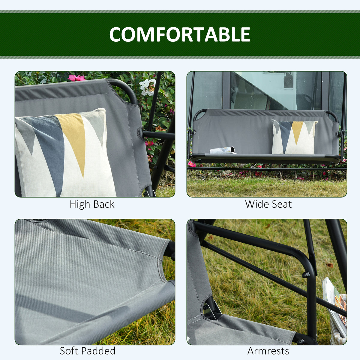 3-Person Porch Swing with Stand, Outdoor Swing for Patio Porch with Adjustable Tilt Canopy and Comfortable Swing Bench-Style Seat, Steel Frame, Gray