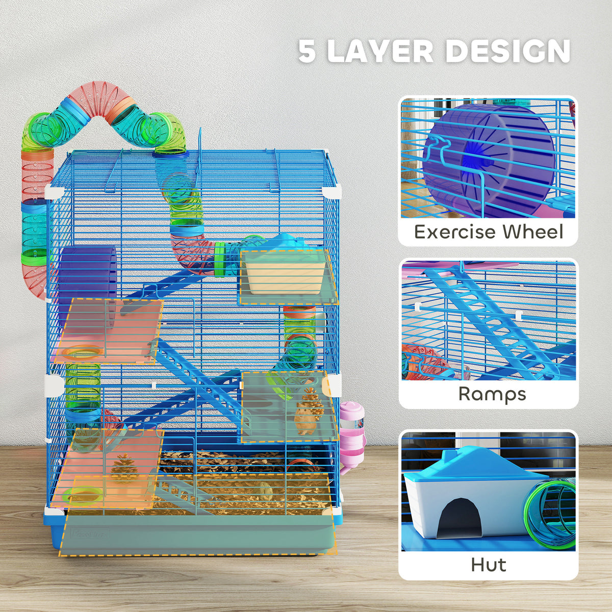 5 Tiers Hamster Cage Portable Animal Travel Carrier w/ Exercise Wheels Tube, Blue
