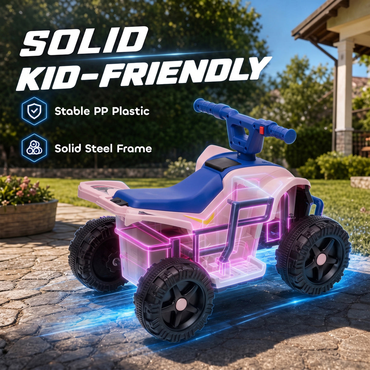 Kids ATV, 6V Battery Powered Kids Quad with 4 Wheeler, Handlebar Button Control, Max 1.2MPH, Max 55lbs Load, Blue