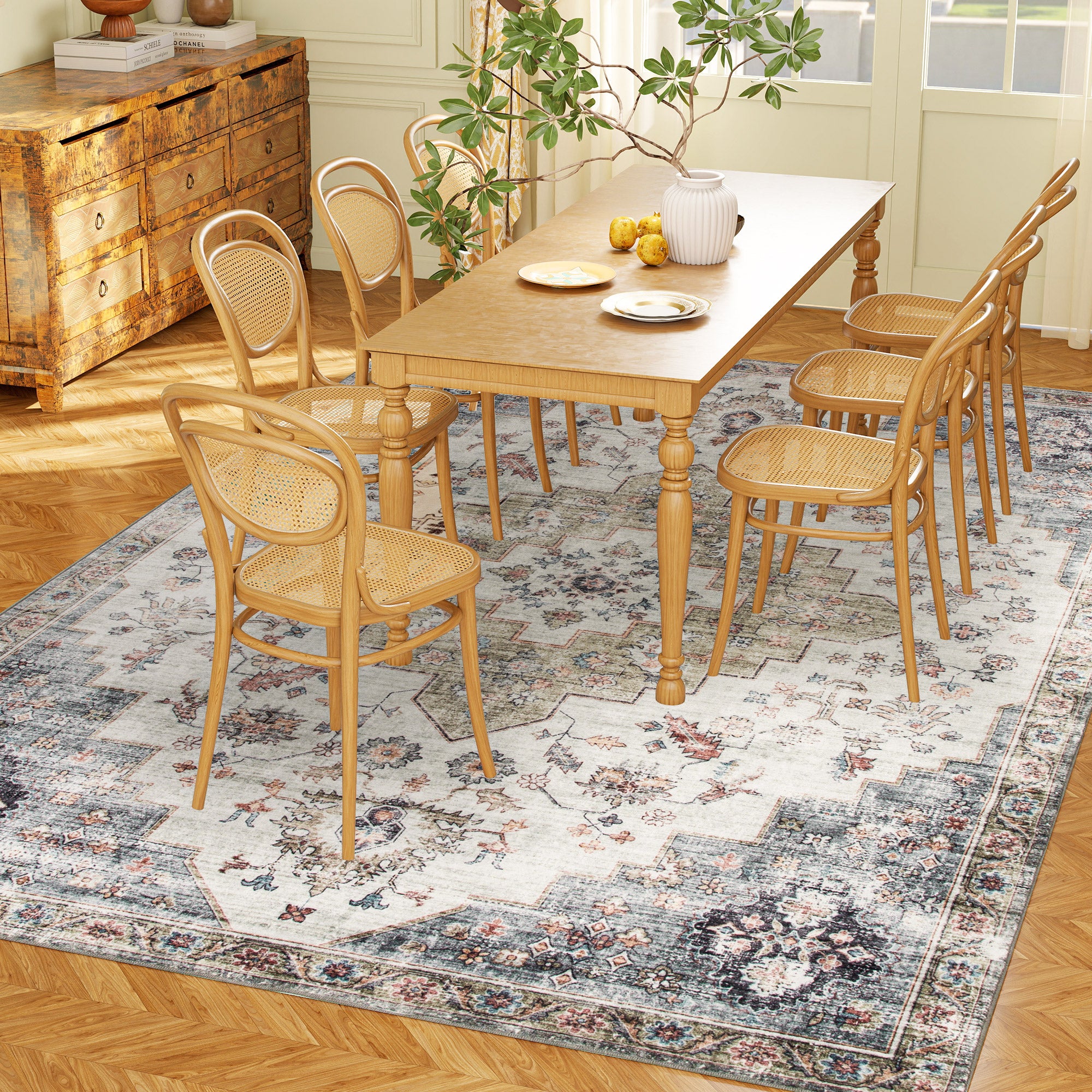 8x10 Area Rug, Vintage Machine Washable Rug, Non-Slip Carpet for Living Room, Bedroom, Dining Room, Brown and Green