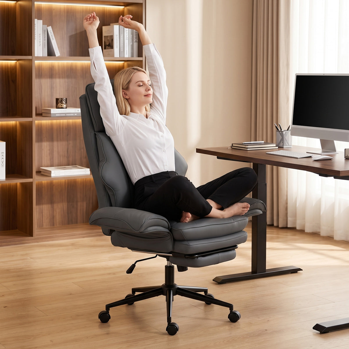 Cross Legged Office Chair w/ Footrest, 396 lbs Reclining Computer Desk Chair w/ High Back, Flip-up Armrests, Dark Gray