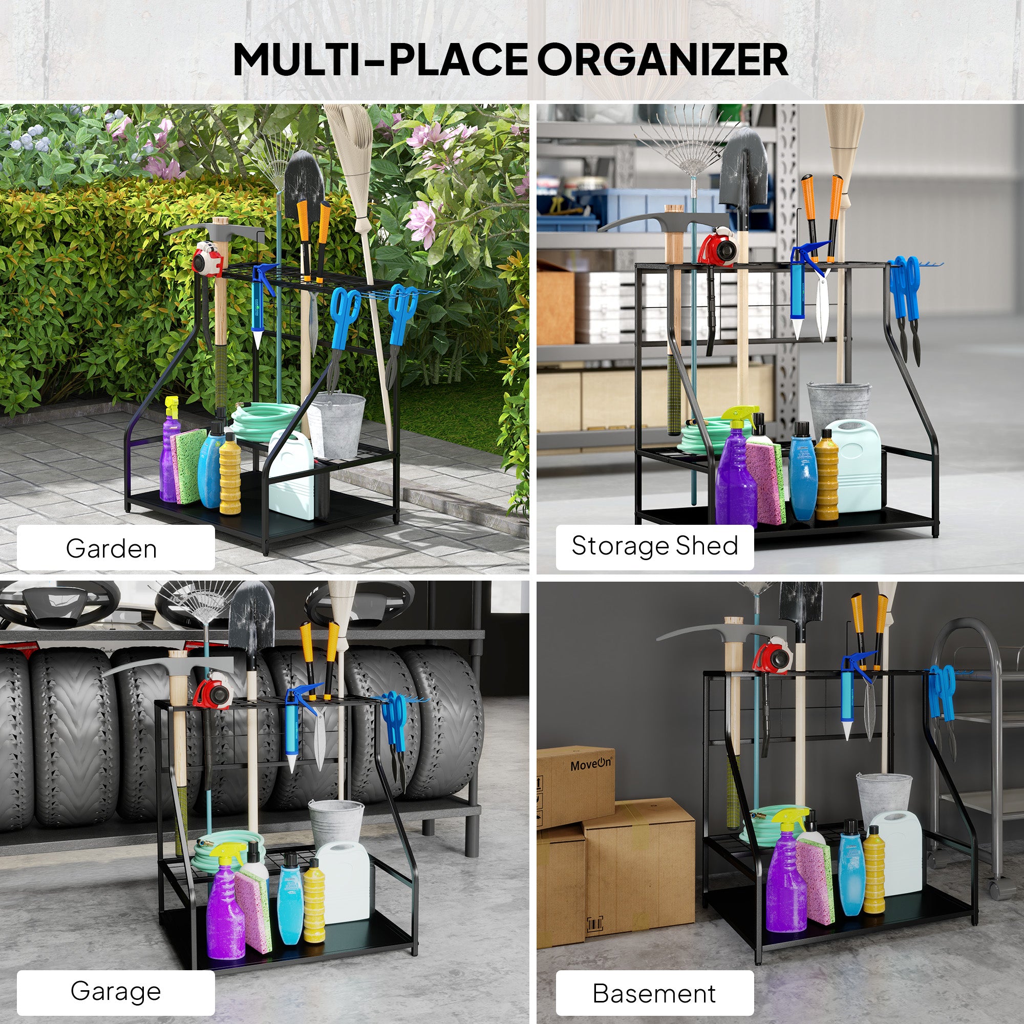 3-Tier Yard Tool Storage Rack, Garden Tool Organizer with Hooks for Long-Handled, Broom, Shovel, Blue - Blue - Image 7