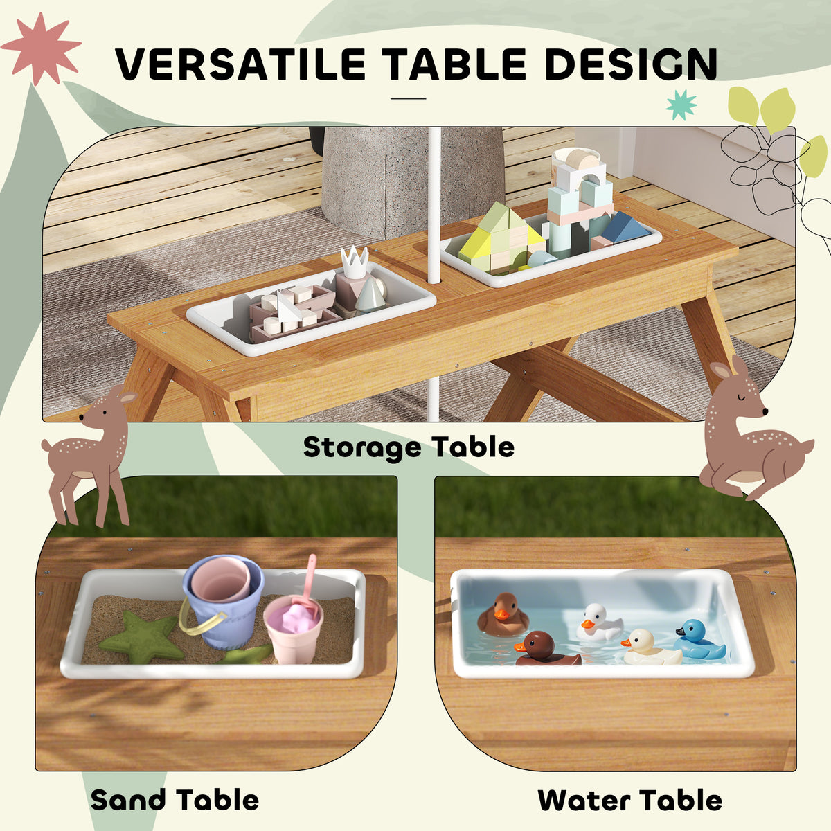 Qaba Wooden Outdoor Kids Picnic Table with Removable Umbrella, Children Sand and Water Activity Table for Patio, Mixed Color