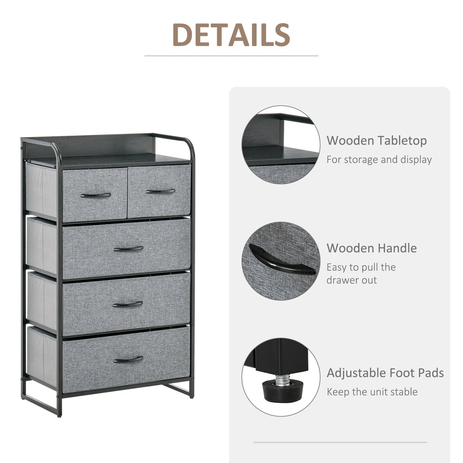 5-Drawer Dresser Tower Chest of Drawers Organizer with Steel Frame Gray