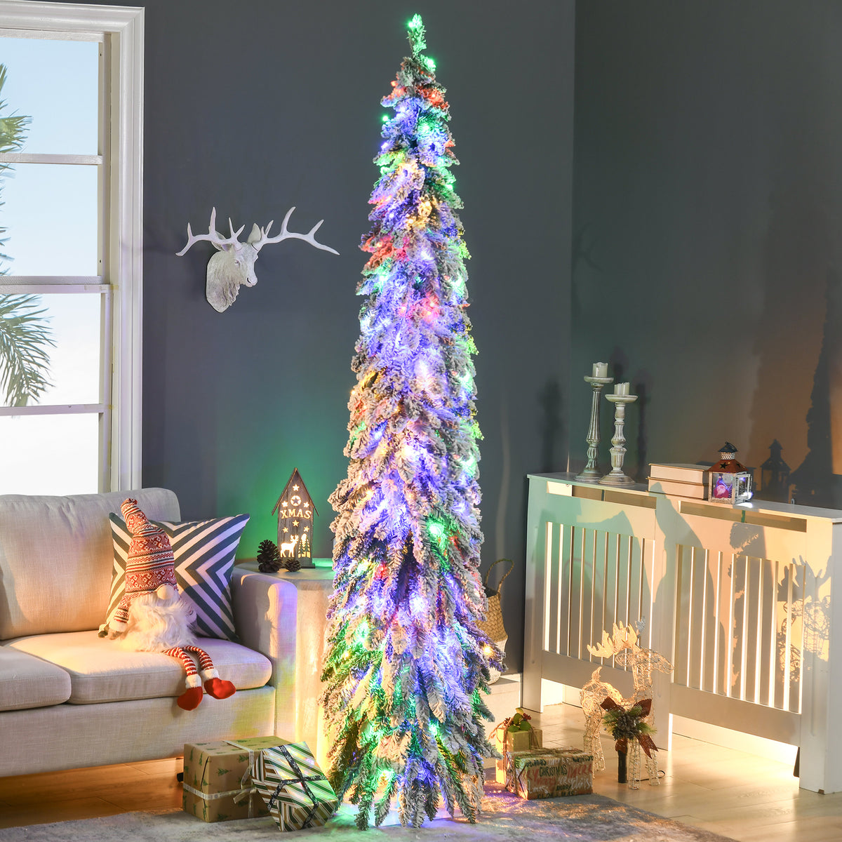 7' Artificial Slim Christmas Trees, with Snow Frosted Branches, Warm White or Colorful LED Lights, Downswept Shape