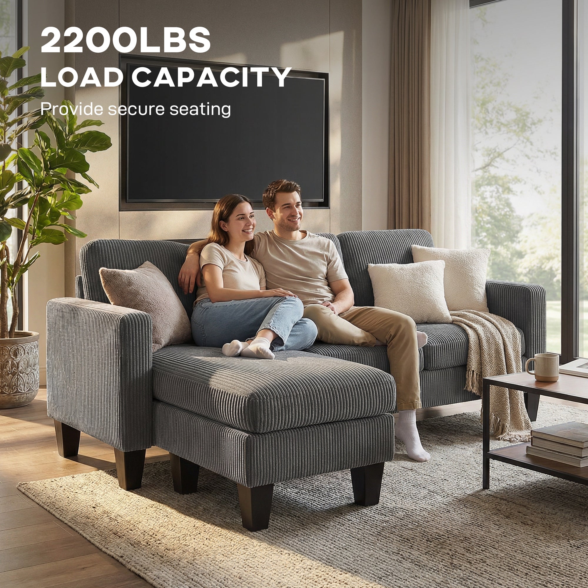 Sectional Sofa, L Shaped Couch, with Reversible Chaise or Ottoman, Dark Gray