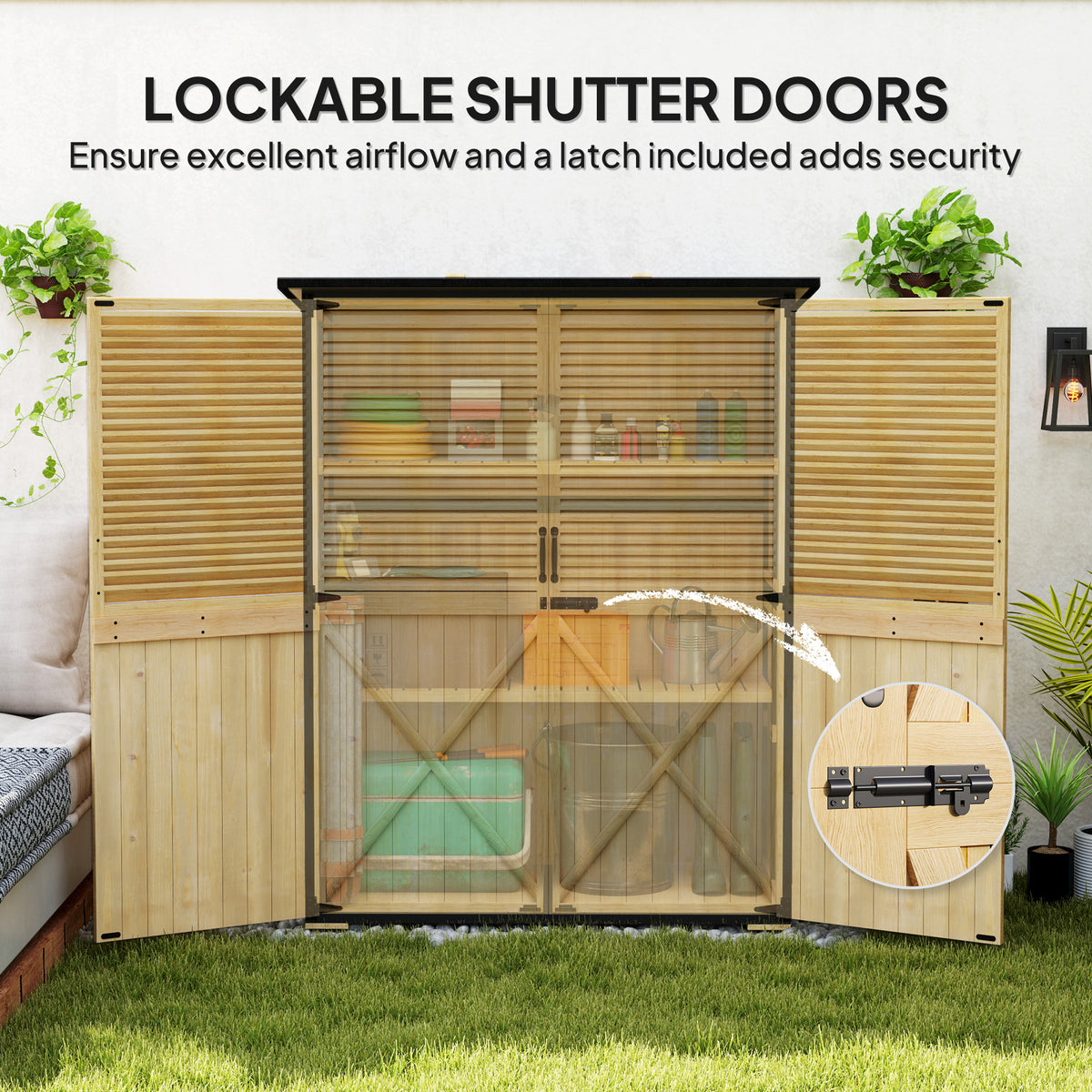 Wood Storage Shed, Outdoor Garden Shed with Asphalt Roof, 2 Shelves, Lockable Doors and Adjustable Feet, Natural