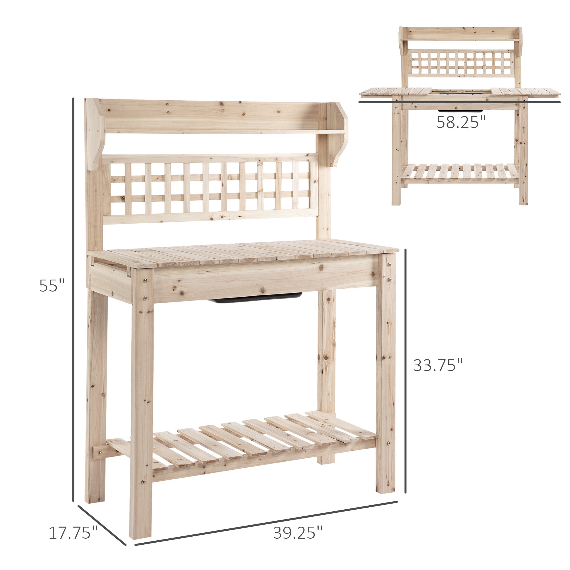 Outdoor Potting Bench Table, Wooden Workstation with Sliding Tabletop, Storage Shelf and Dry Sink, for Greenhouse, Garden, Patio, Natural - Natural Wood - Image 3