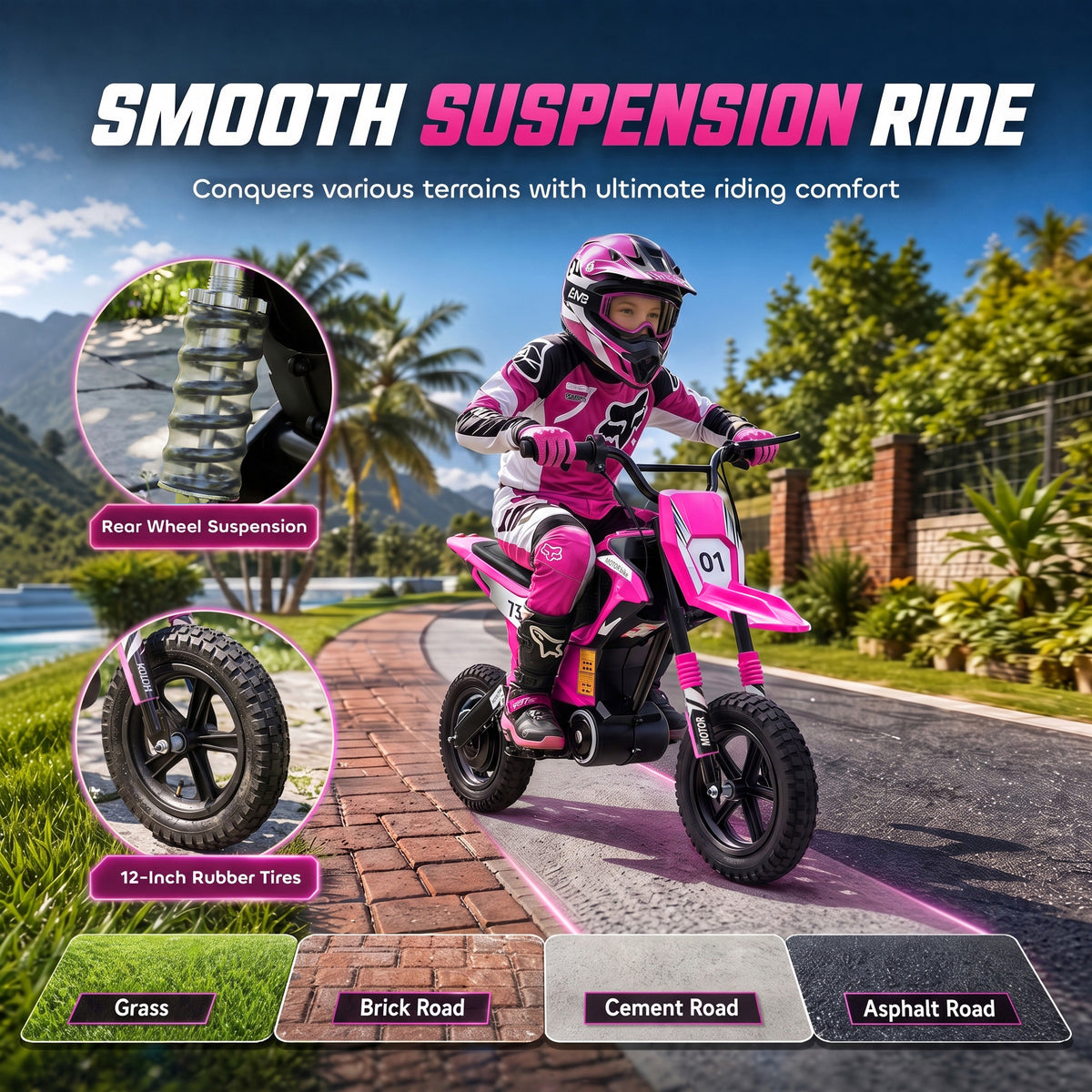 24V Kids Electric Motorcycle with 180W Brushless Motor, Suspension, Soft Start, 12" Rubber Tires for 6+ Years, Pink