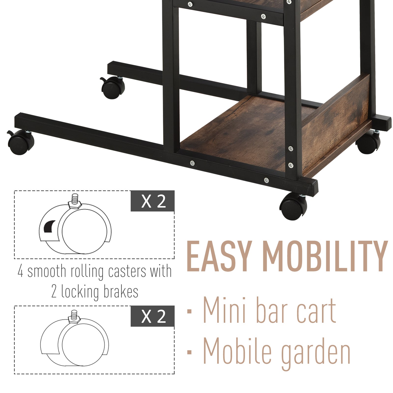 Industrial C-Shaped Mobile Rolling Sofa Side Table with 3-Tier Storage Shelving, Adjustable Height, & Wheels