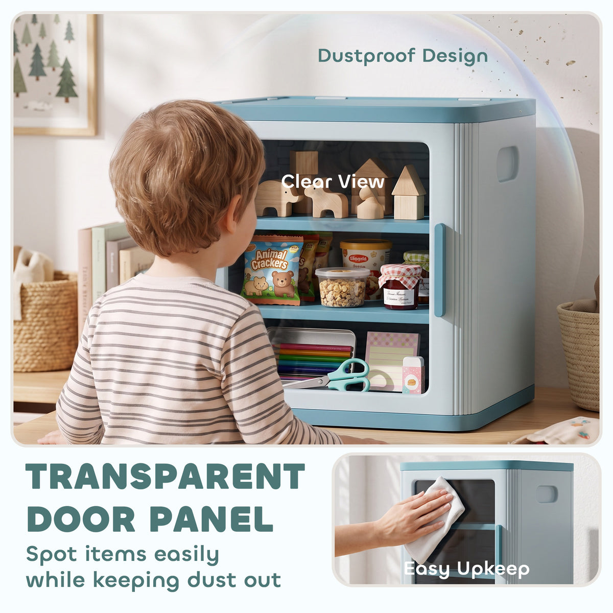 Toy Storage Organizer, 3 Tier Adjustable Toy Storage Cabinet Dustproof HDPE Plastic, Transparent Door, Light Blue