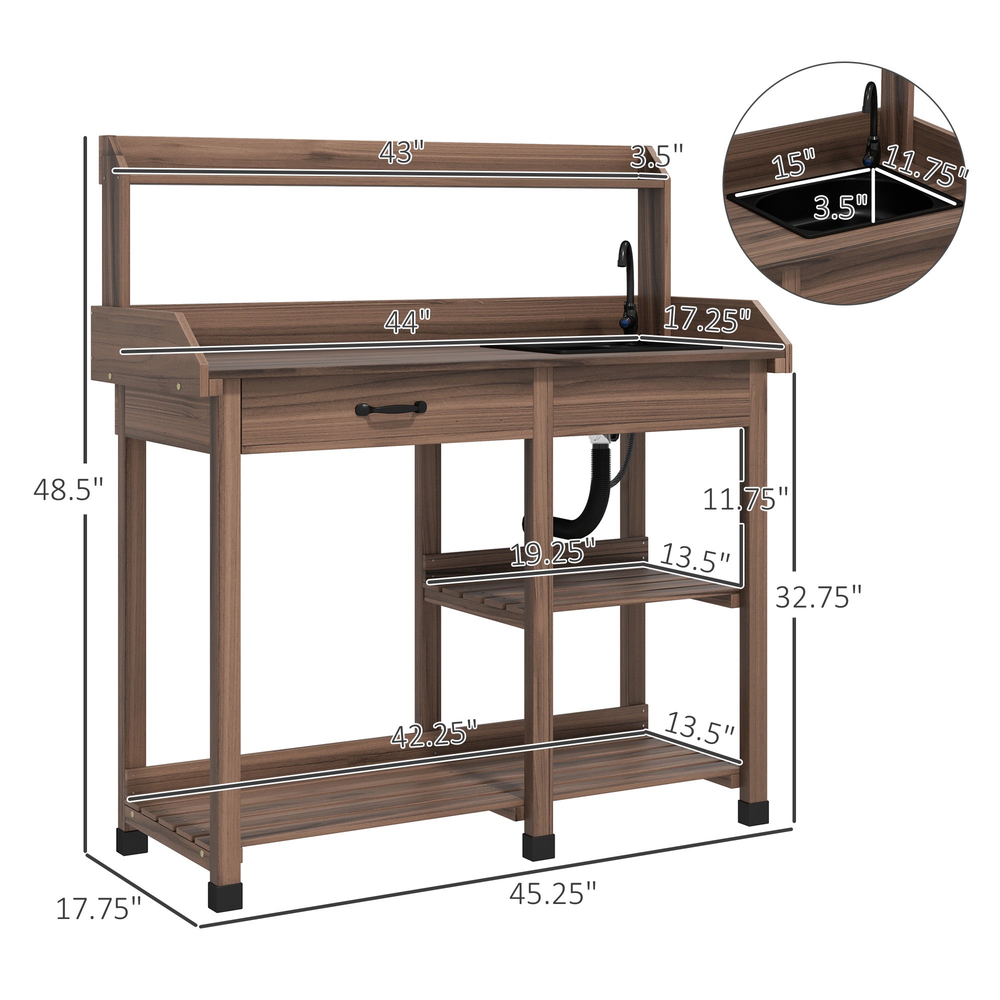 Potting Bench Table, Outdoor Garden Table Wooden Work Station with Removable Sink, Faucet, Drawer, Shelves, Hooks, Dark Brown - Coffee - Image 3
