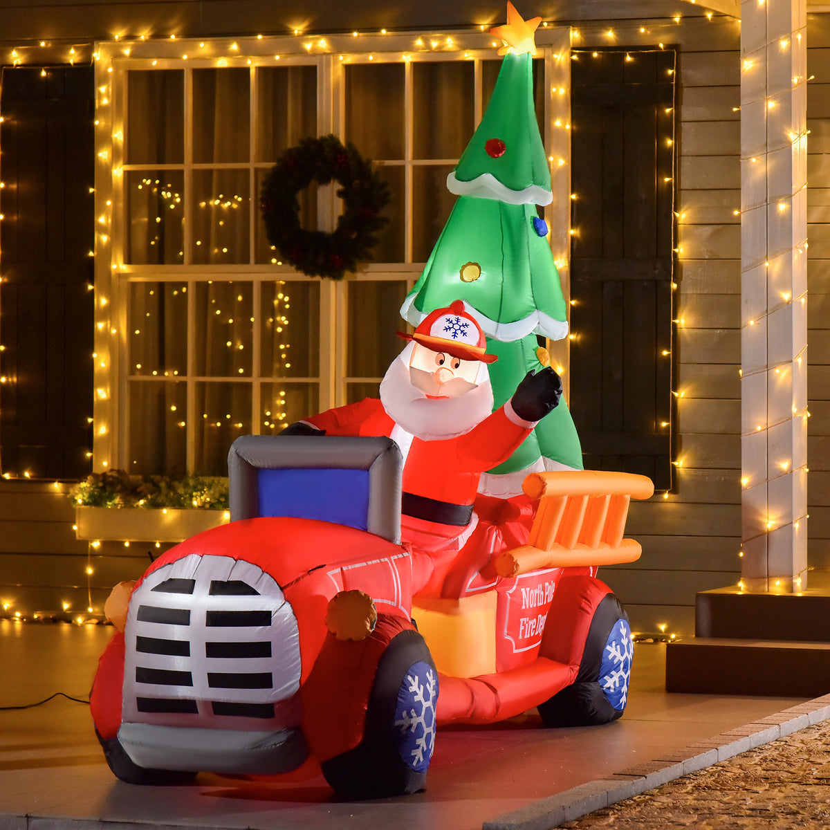 7.5ft Christmas Inflatable Santa Claus Driving a Fire Truck with Tree, Outdoor Blow-Up Yard Decoration with LED Lights Display