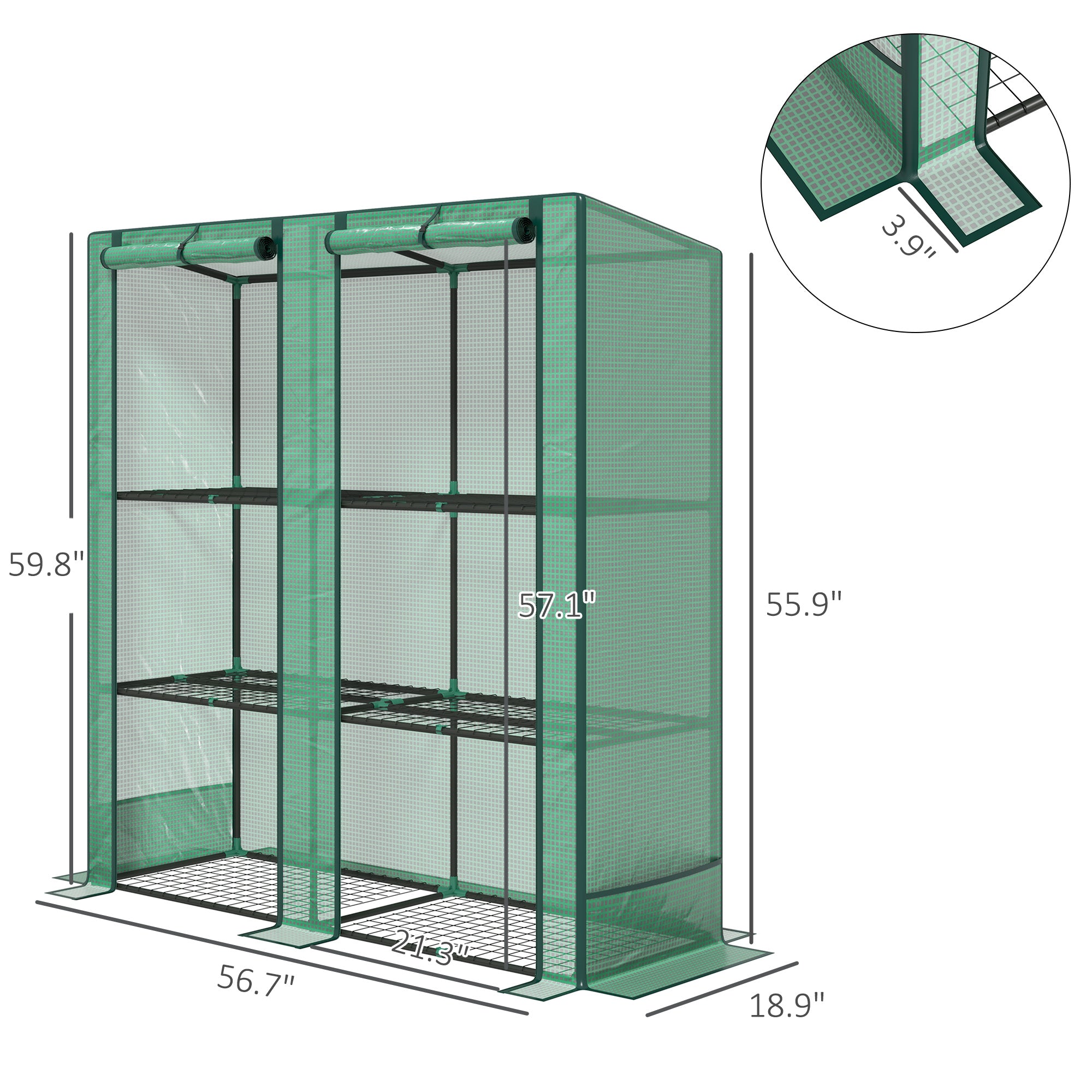 Lean-to Greenhouse with 3 Tier Shelves, Portable Greenhouse with PE Cover, 2 Roll-Up Doors, 56.7" x 18.9" x 59.8", Green - Green - Image 3