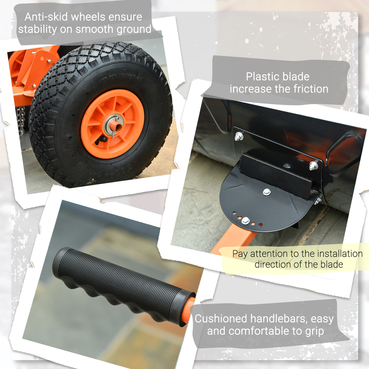 Snow Shovel, Rolling Pusher with 29" Blade, 10" Wheels & Angle-Adjustable Handle, Orange