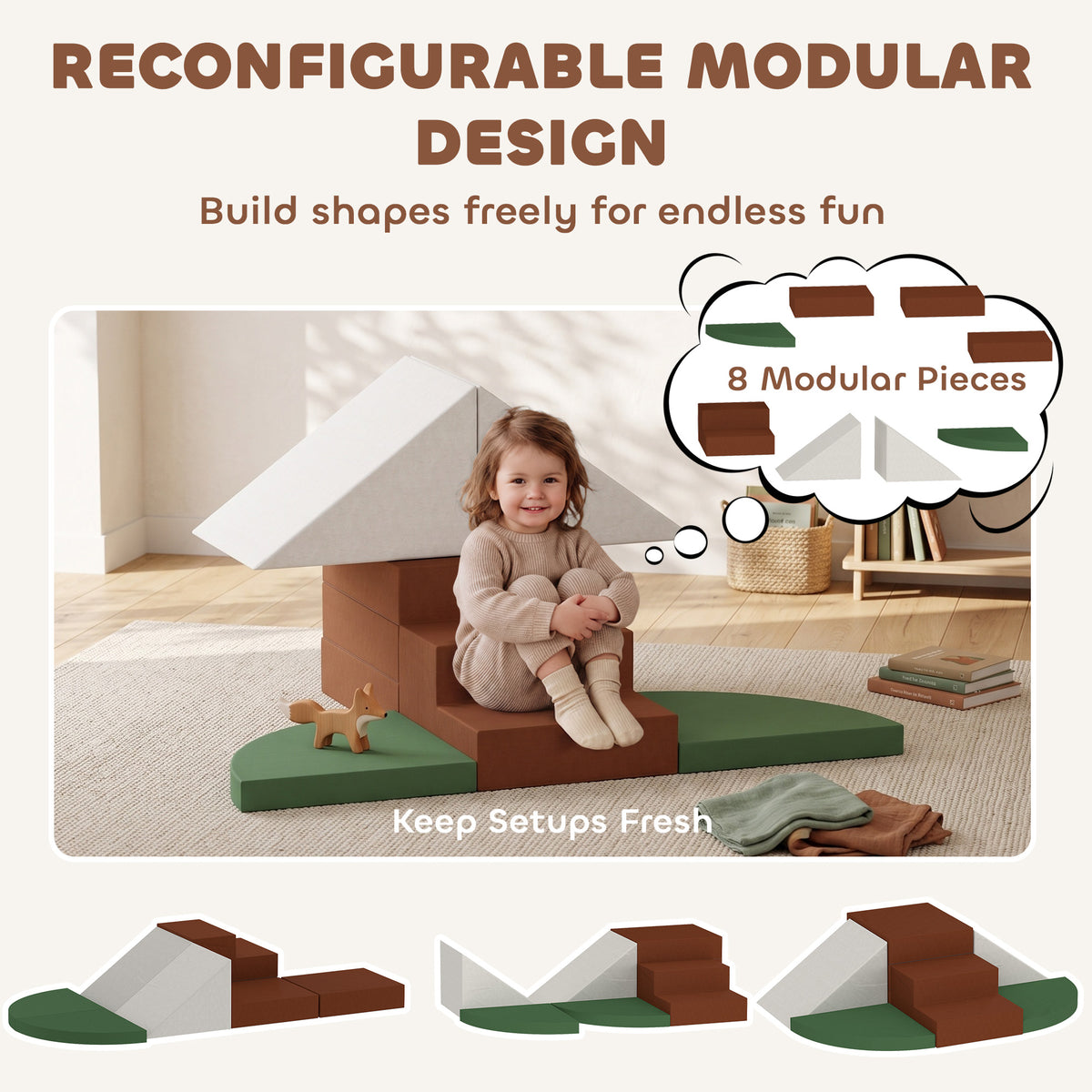 Foam Climbing Blocks, 8PCS Climbing Toys, Velvet Fabric, Foam, Non-Slip, Kids Soft Play Set for Crawling, Ages 1+, Brown