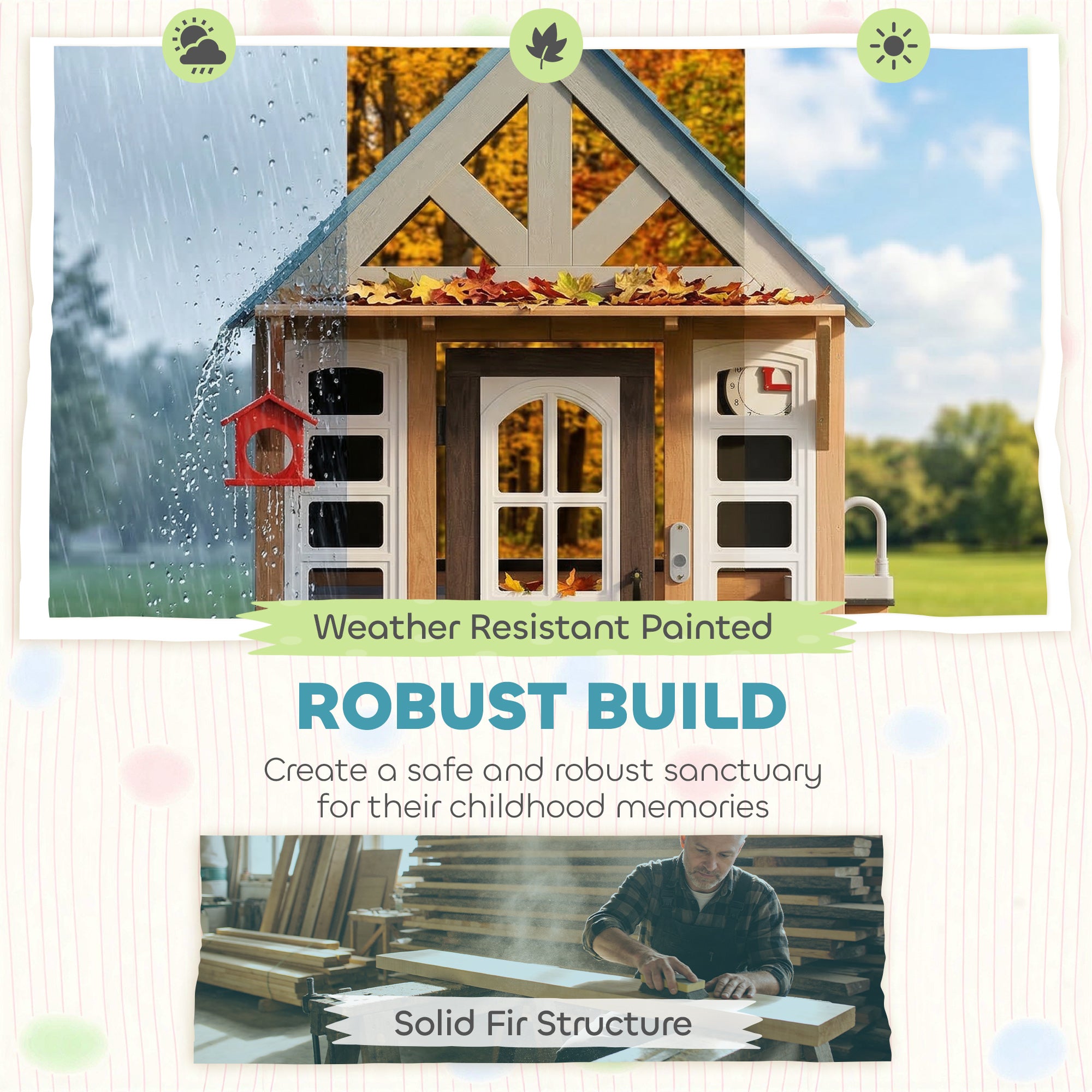 Wooden Kids Playhouse with Pet Door, Play Kitchen, Mailbox, Doorbell, Birdhouse, Fence and Windows for Pretend Play