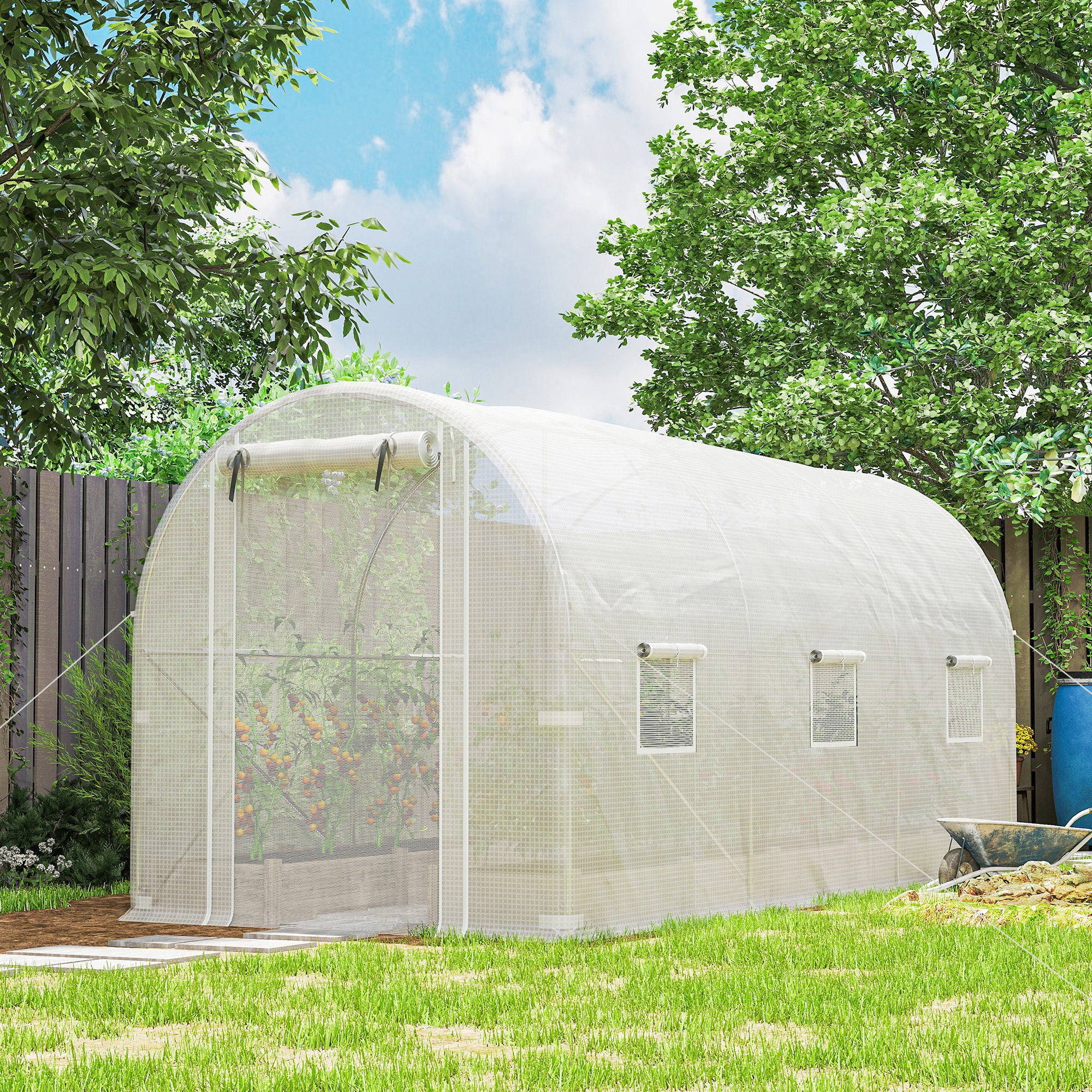 Hoop House Greenhouse, Walk-in Tunnel Greenhouse with 2 Support Rods, Zippered Roll-up Mesh Door, 14.6'x6.5'x6.6', White - White - Image 2