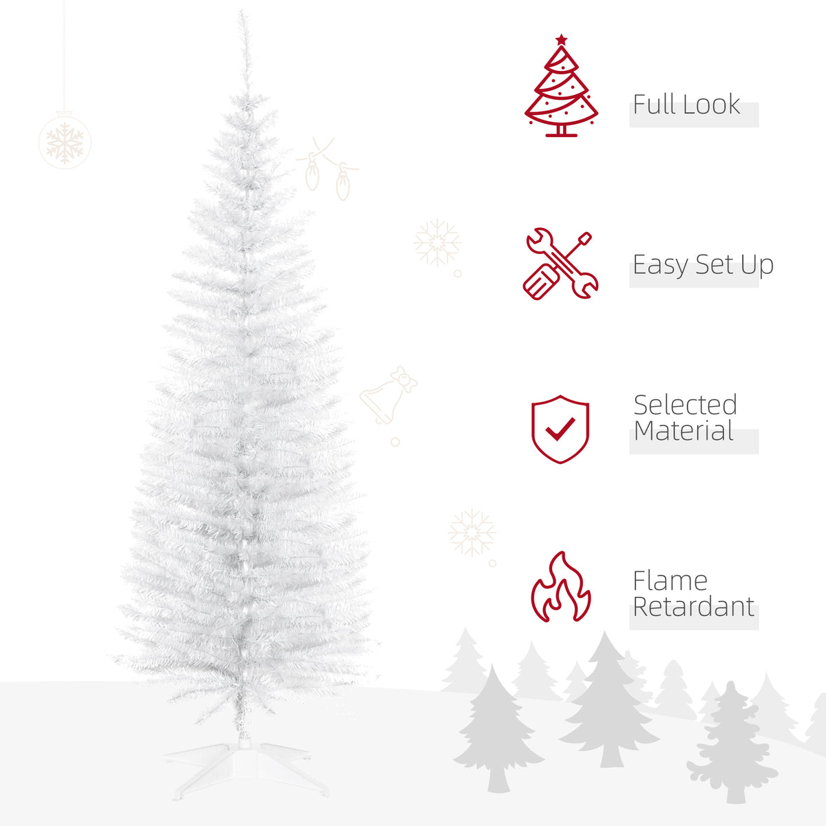 5' Artificial Pencil Christmas Tree, Slim Xmas Tree with 294 Realistic Branch Tips and Plastic Stand, White