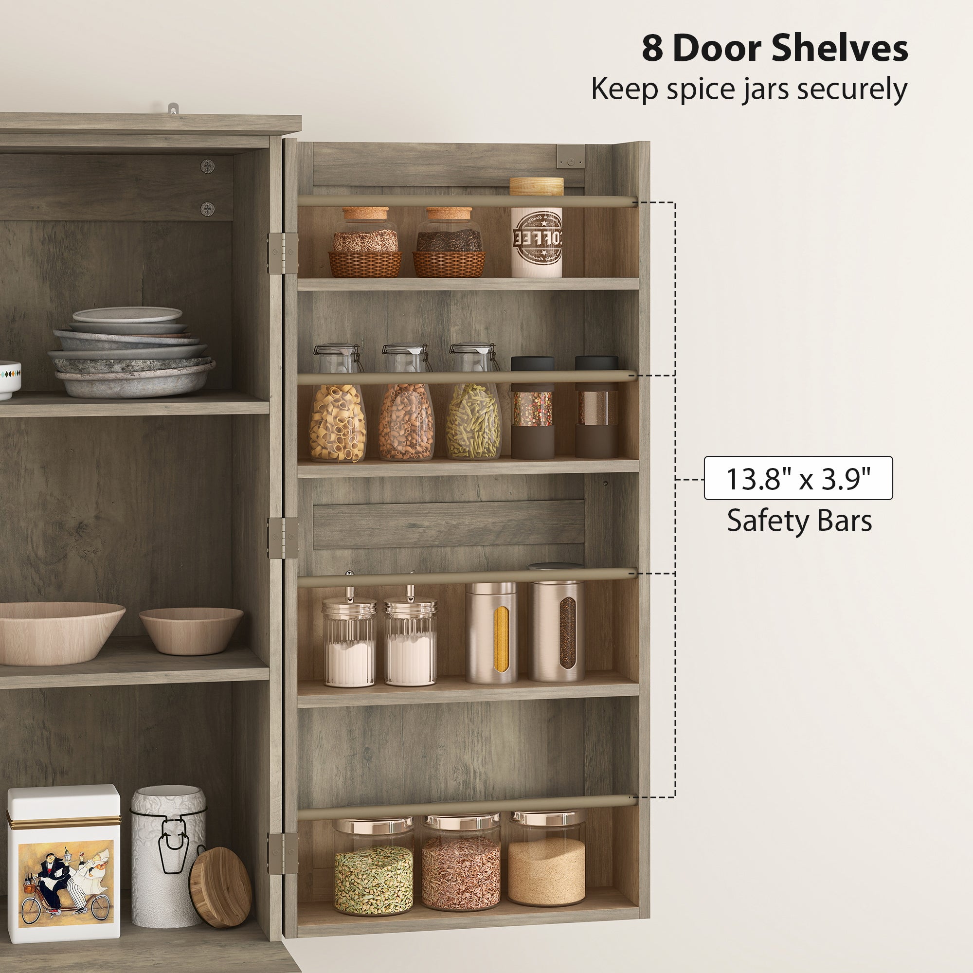 Farmhouse Kitchen Pantry, 72" Tall Pantry Cabinet with 4 Barn Doors, 4 Adjustable Shelves and 8 Door Shelves, Gray Wash