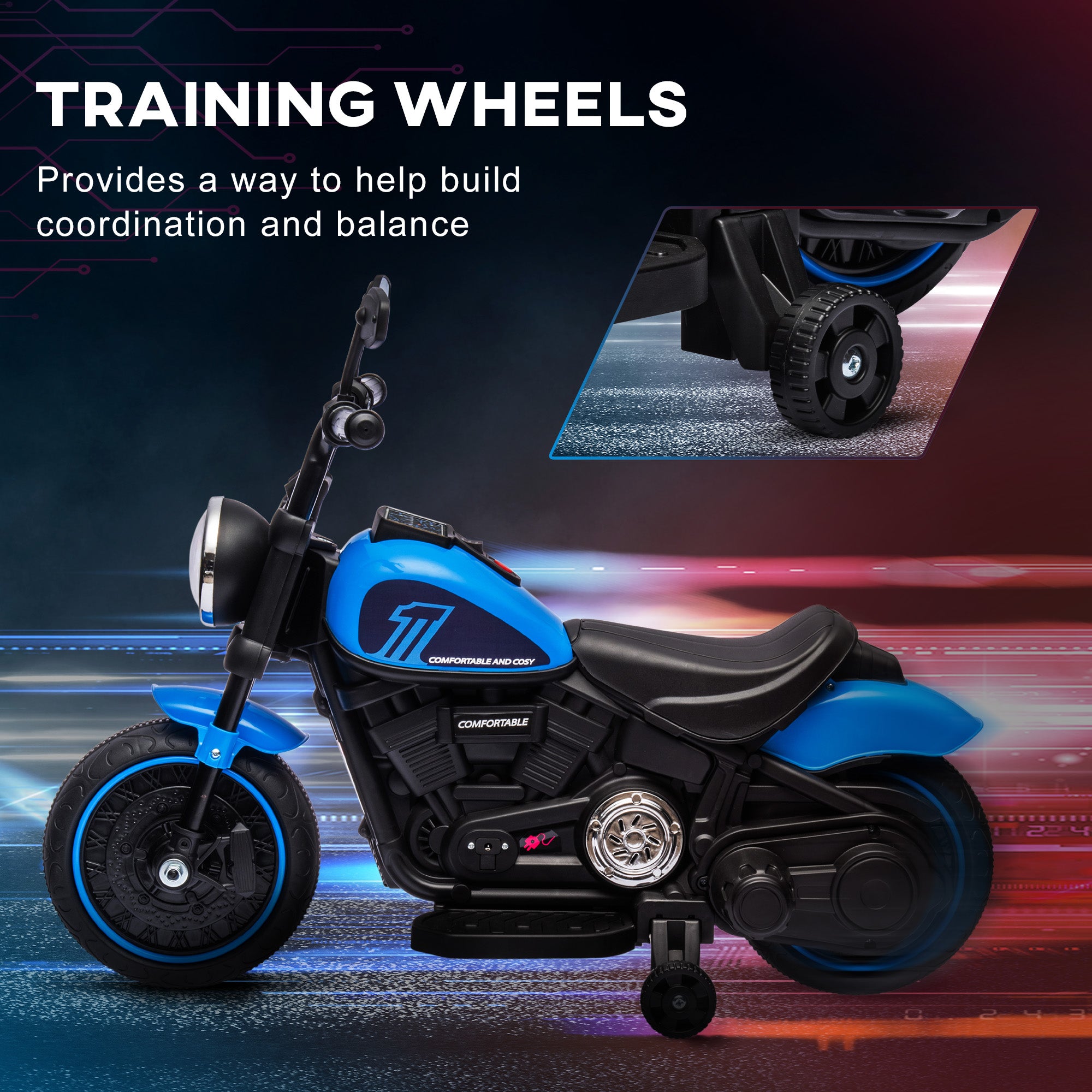 6V Kids Motorcycle w/ Training Wheels, Single-Button Start, Blue