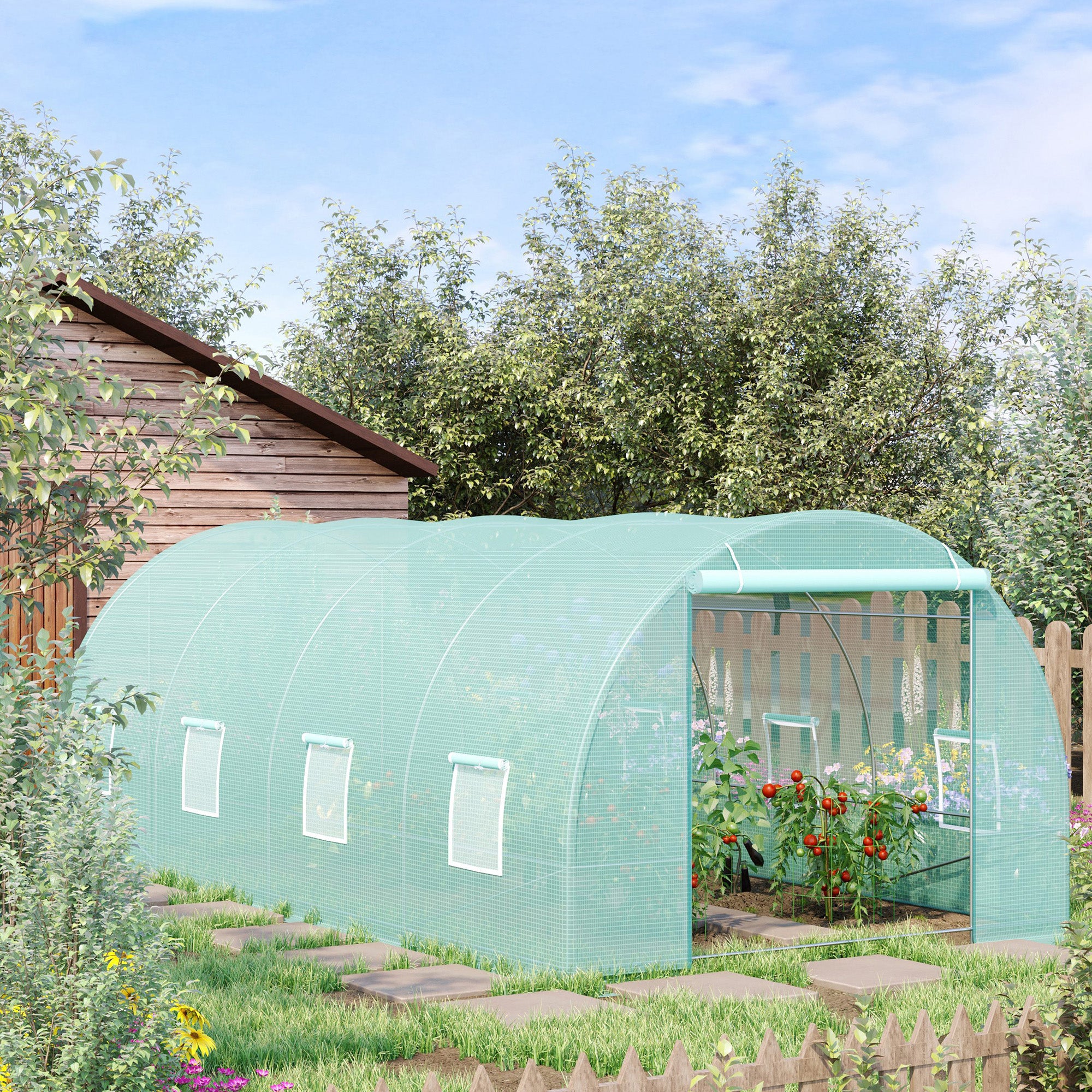 20' x 10' x 7' Walk-In Tunnel Greenhouse with Zippered Door & 8 Mesh Windows, Large Garden Green House Kit, Galvanized Steel Frame, Green - Green - Image 2