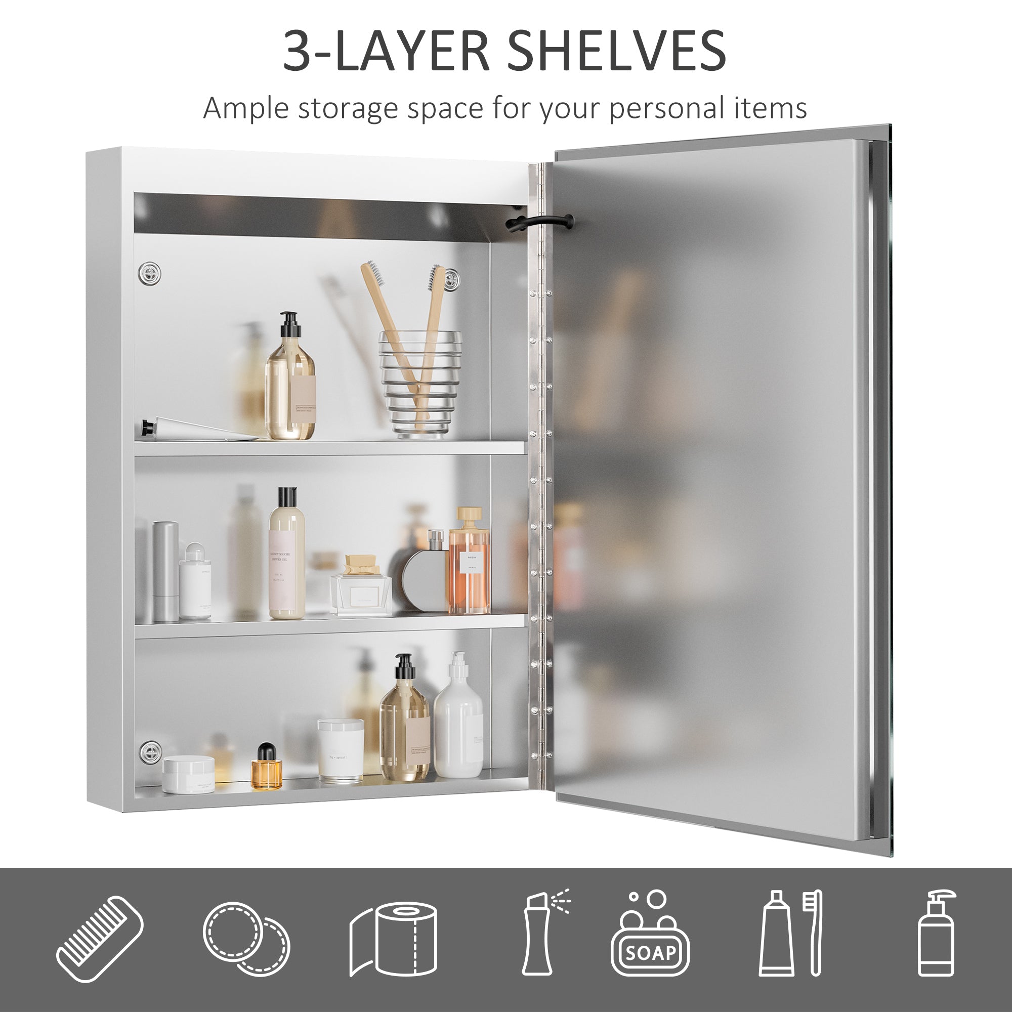 Wall-Mounted Plug-In Bathroom Organizer with 3 Storage Shelves, LED Lighted Medicine Cabinet with Mirror