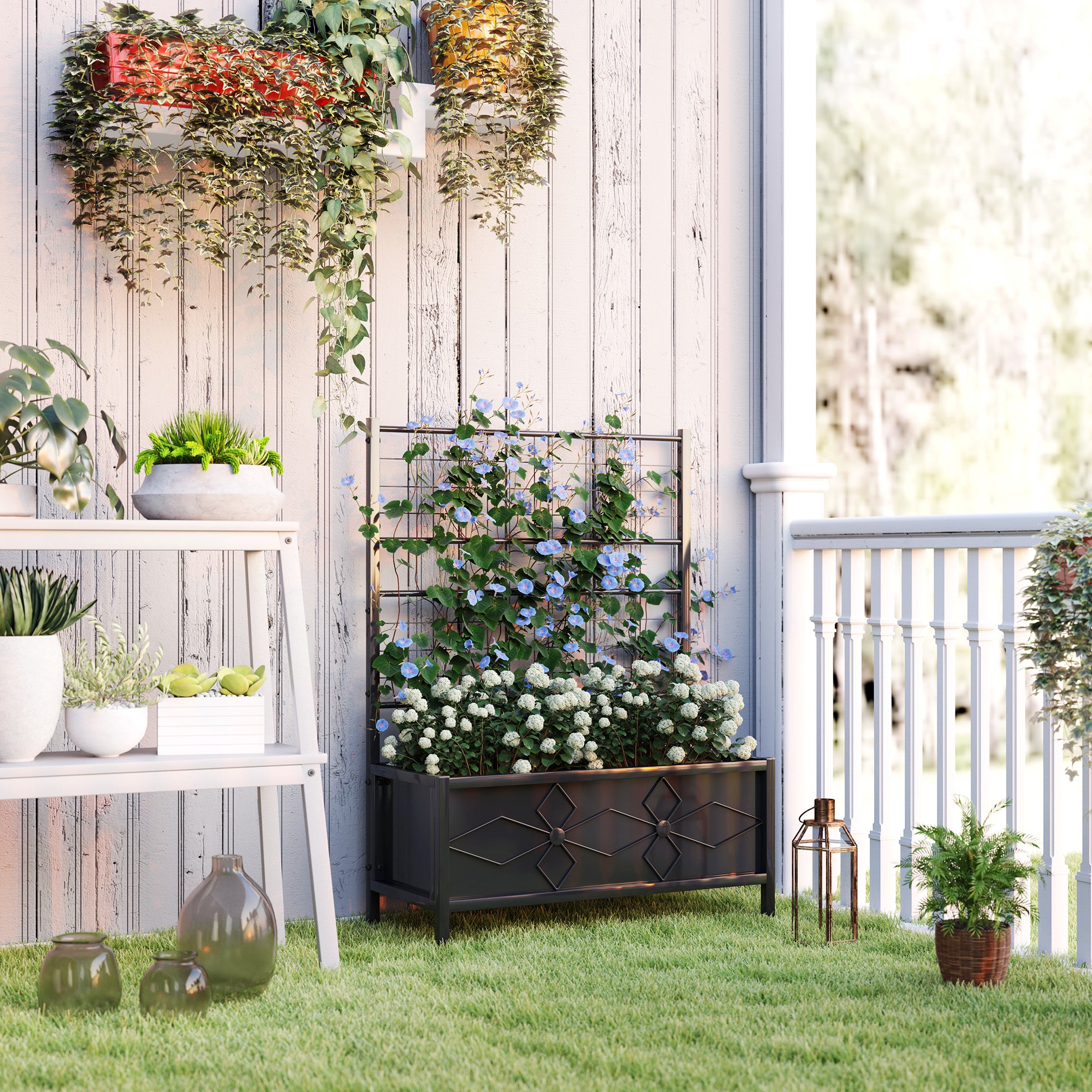 Outdoor Planter Box Galvanized Raised Garden Bed with Trellis for Climbing Vines, 35.4" x 15.7" x 47.2", Black - Black - Image 2