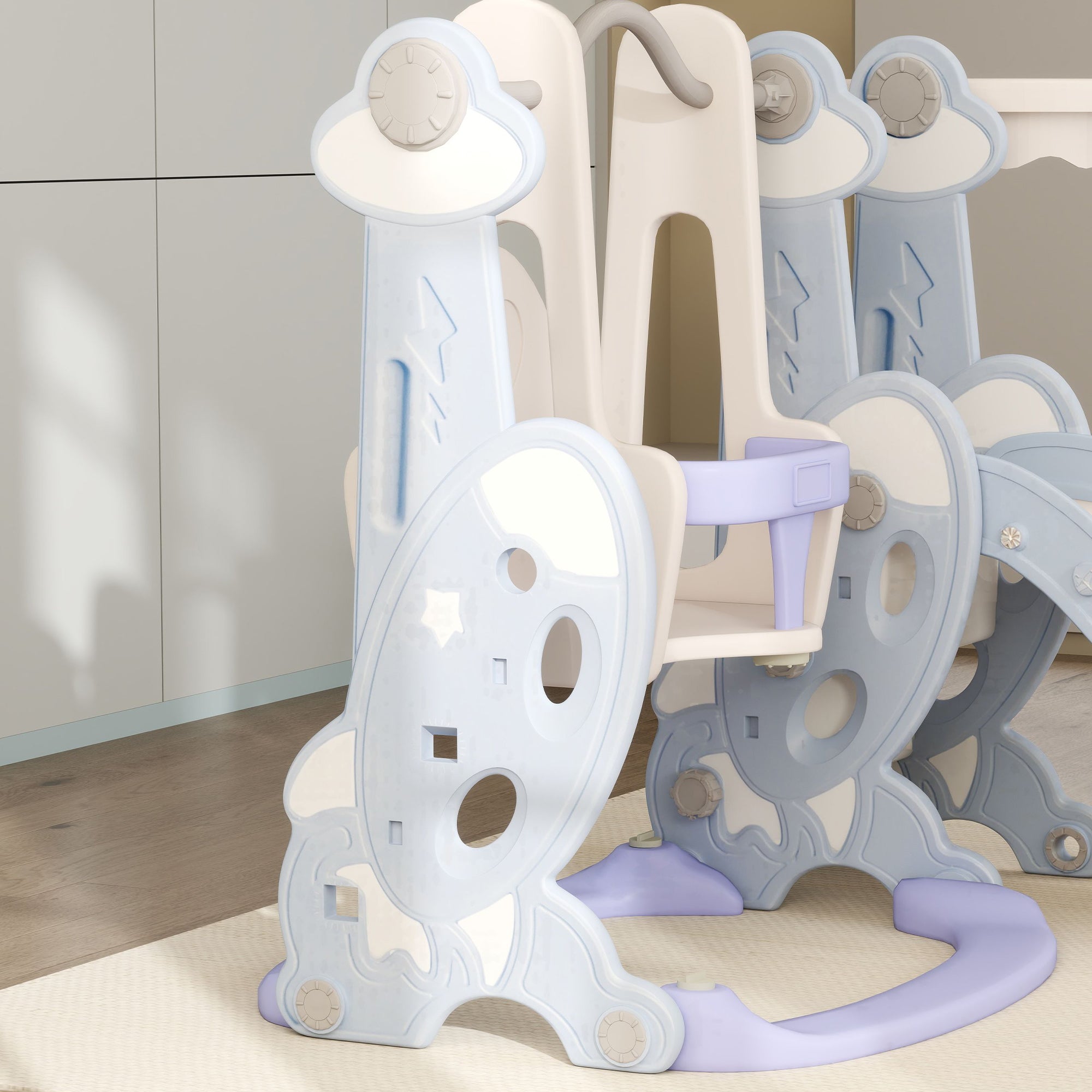 4 in 1 Toddler Slide and Swing Set for Ages 1.5-4, Toddler Playset Playground with Climber, Basketball Hoop, Light Blue