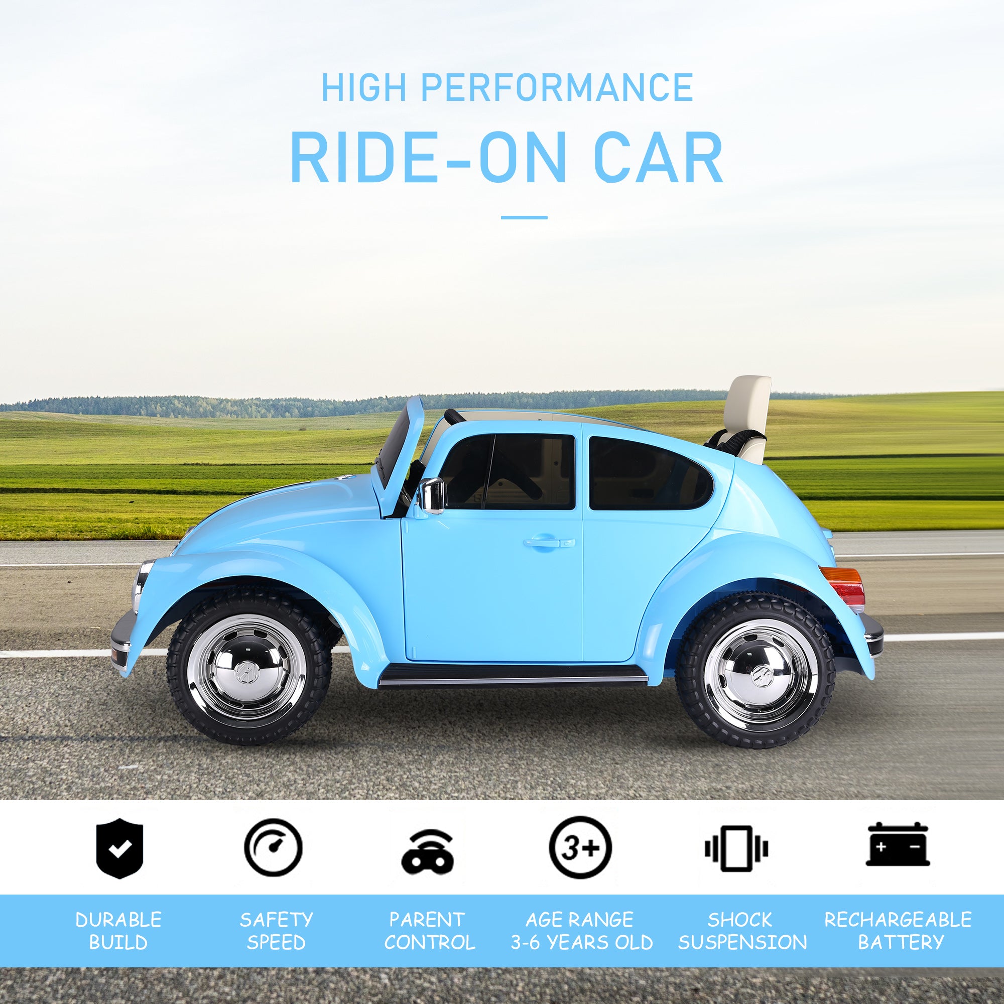 Licensed Volkswagen Beetle Electric Kids Ride-On Car 6V Battery Powered Toy with Remote Control Music Horn Lights MP3 for 3-6 Years Old Blue