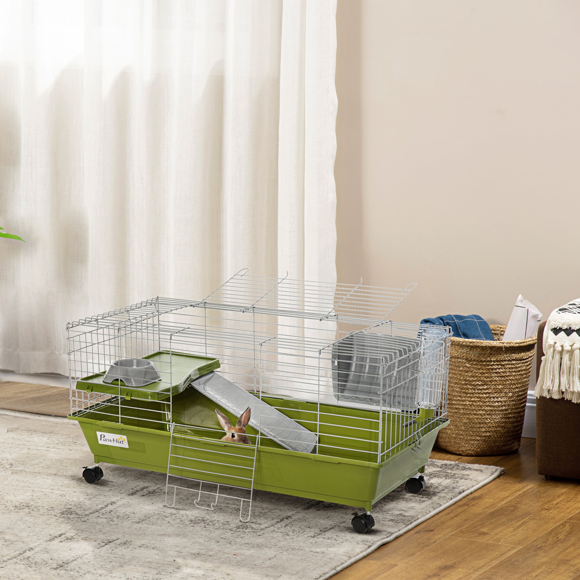 35"L Small Animal Cage, Rolling Bunny Cage, Guinea Pig Cage with Food Dish, Water Bottle, Hay Feeder, Platform, Ramp for Chinchilla, Green - Green - Image 2