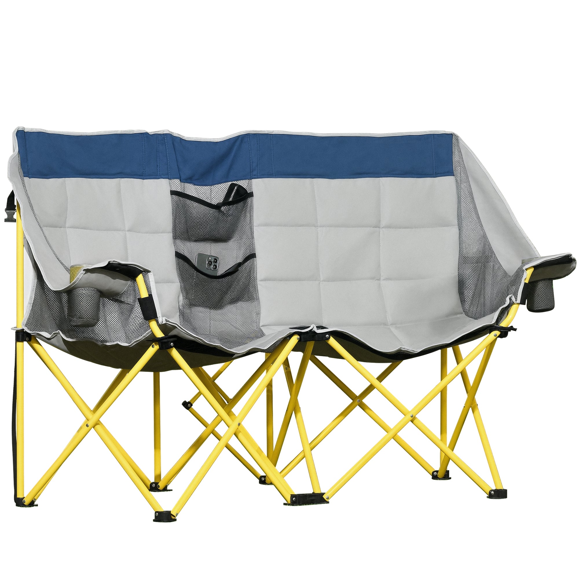 Loveseat Style Camping Chair, Oversized Folding Lawn Chair with Carry Bag & Cup Holders, for Outdoor, Beach, Picnic, Hiking, Travel, Navy Blue & Gray