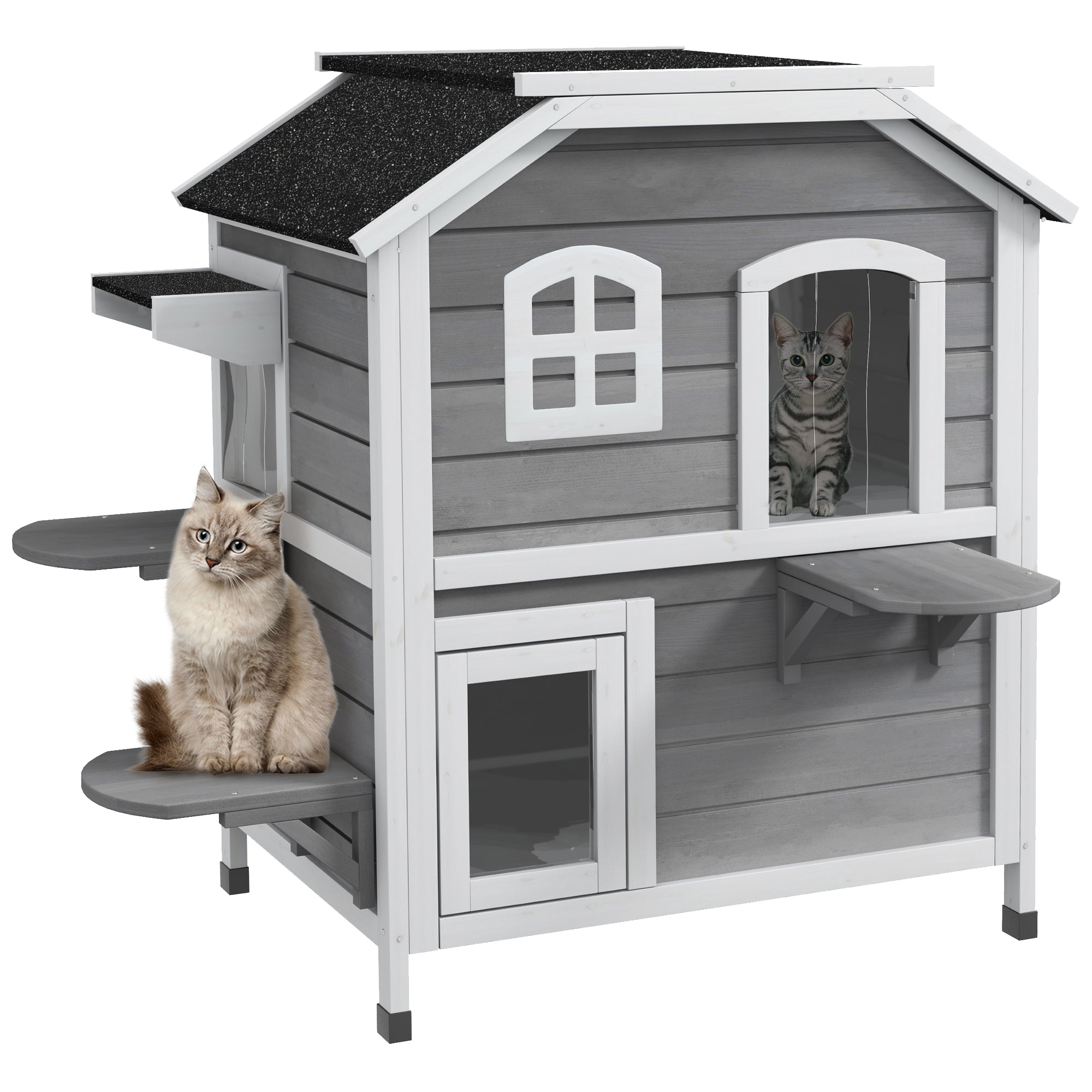 2-story Cat House Outdoor, Weatherproof Wooden Cat Enclosure for Feral Cats with Escape Door, Openable Roof, Jumping Platforms, Gray - Gray