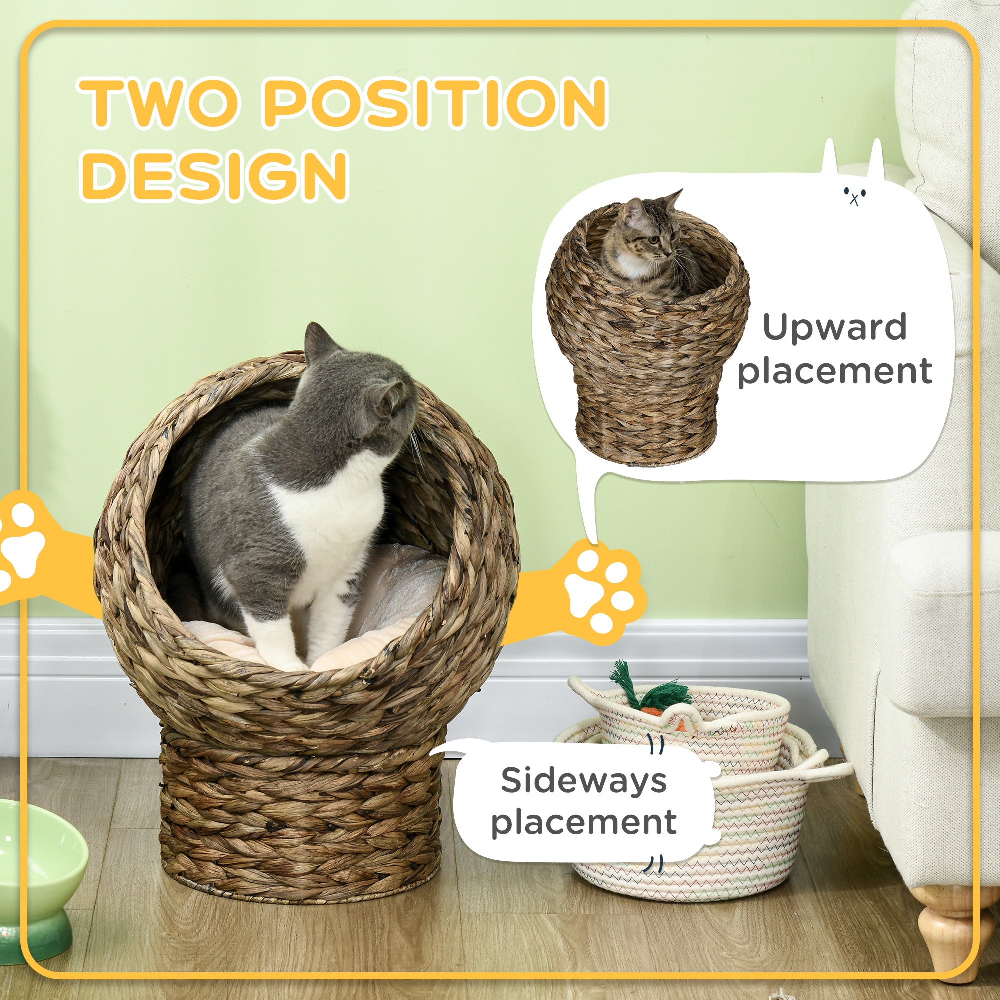 Handwoven Elevated Cat Bed with Soft Cushion & Egg Chair Shape, Basket Bed Kitty House with Stand, Raised Wicker House for Indoor Cats, 20" H, Gray - Dark Gray - Image 4