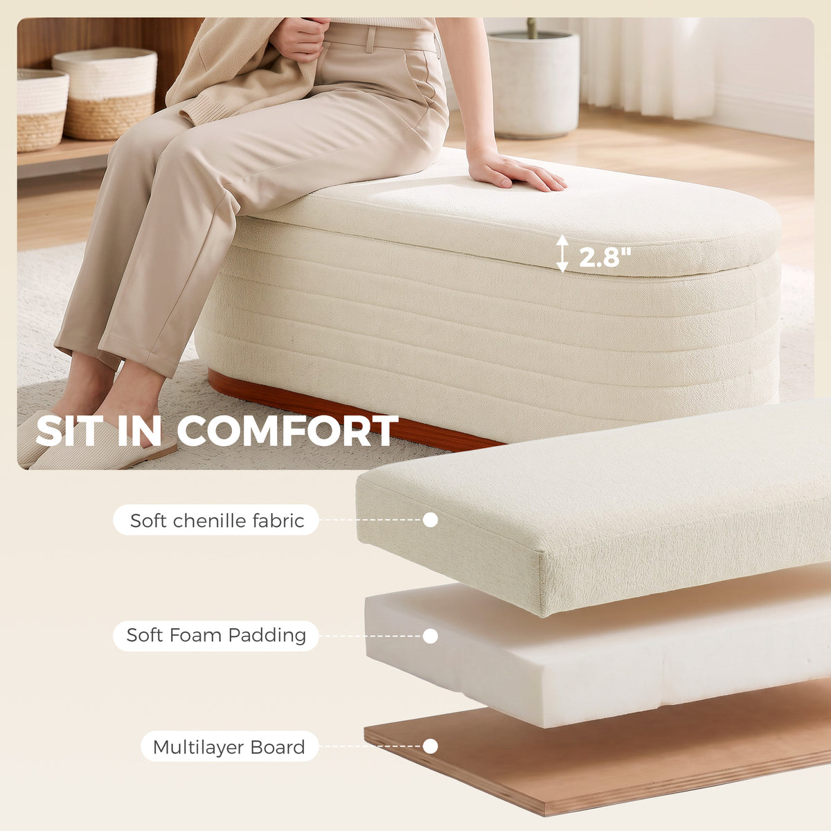 Storage Ottoman Bench Oval Chenille Upholstered Ottoman with Storage Chest, Cream White